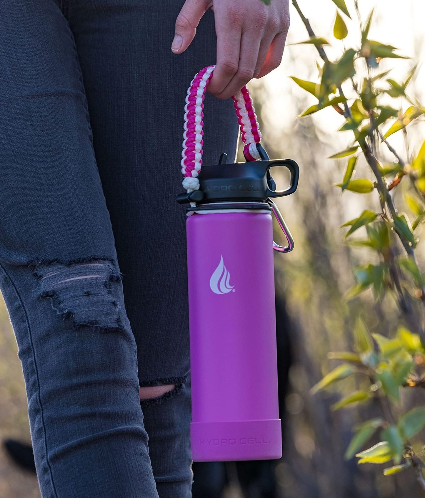 HYDRO CELL Paracord Handle for Wide Mouth Water Bottles - Carrier Strap w/Attachment Ring and Carabiner Accessory. Compatible w/ 64oz, 40oz 32oz, 24oz, 18oz, 14oz Insulated Bottles (Fuchsia/White)