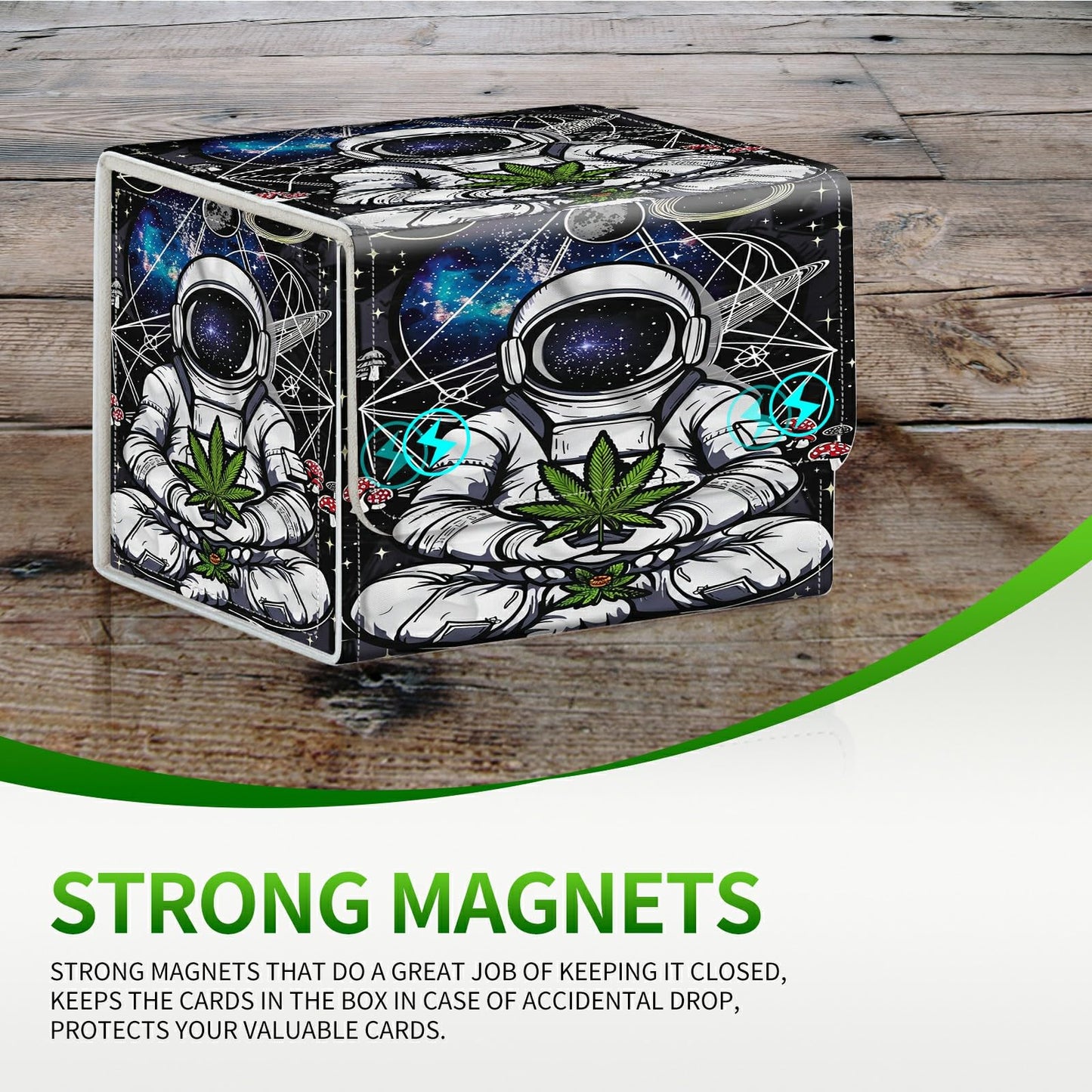RWUTYTIUL Card Deck Box for MTG Cards, Card Storage Box Fits 100+ Sleeved Cards, PU Leather Large Size Strong Magnet Card Deck Case Holder for Board Game Magic MTG TCG CCG, Planet Man