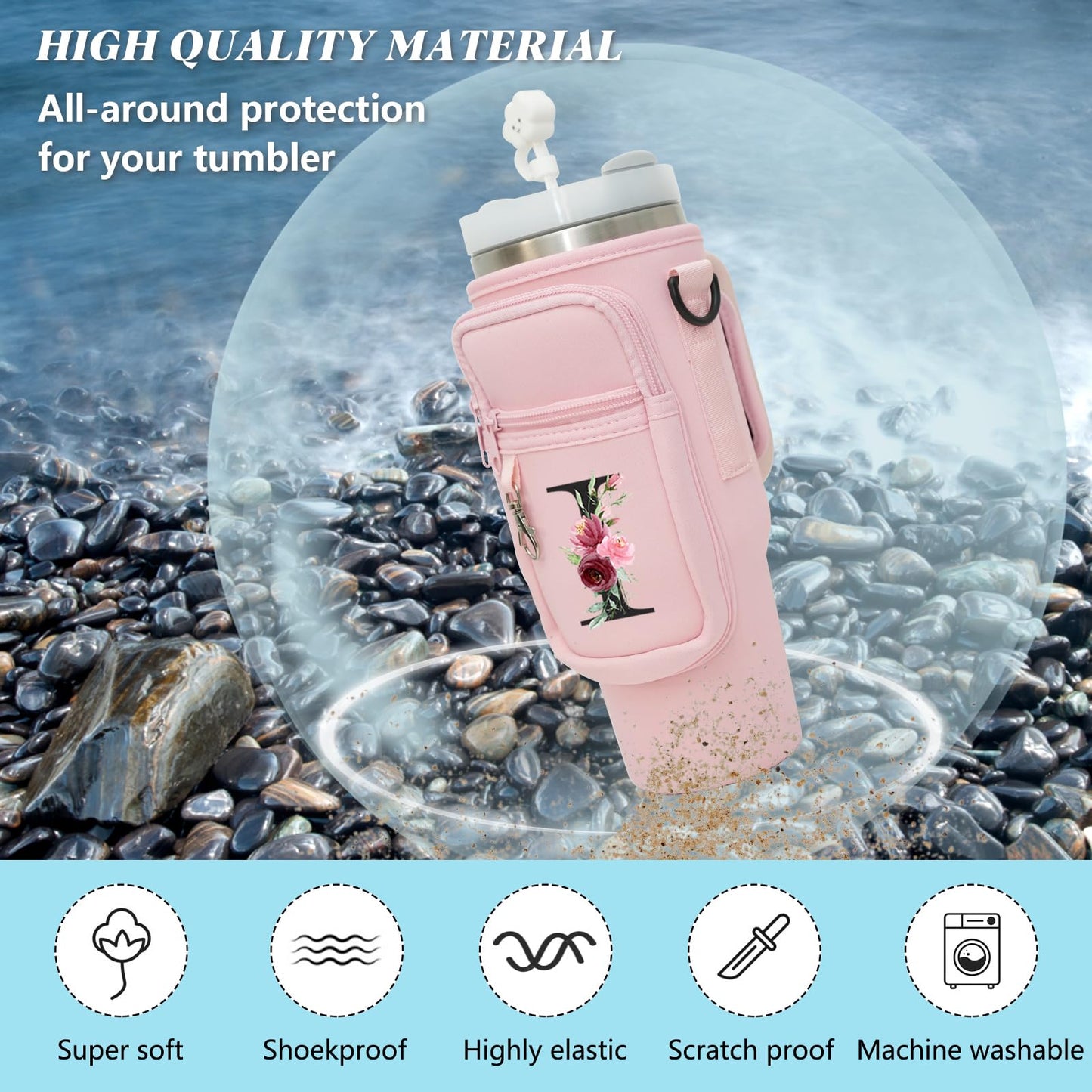 Sunegg Initial Water Bottle Carrier Bag for Stanley 40 oz Tumbler with Handle, Water Bottle Holder Pouch with Phone Pocket, Straw Cover & Carabiner, Nice Accessories for Stanley Cup(Pink R)