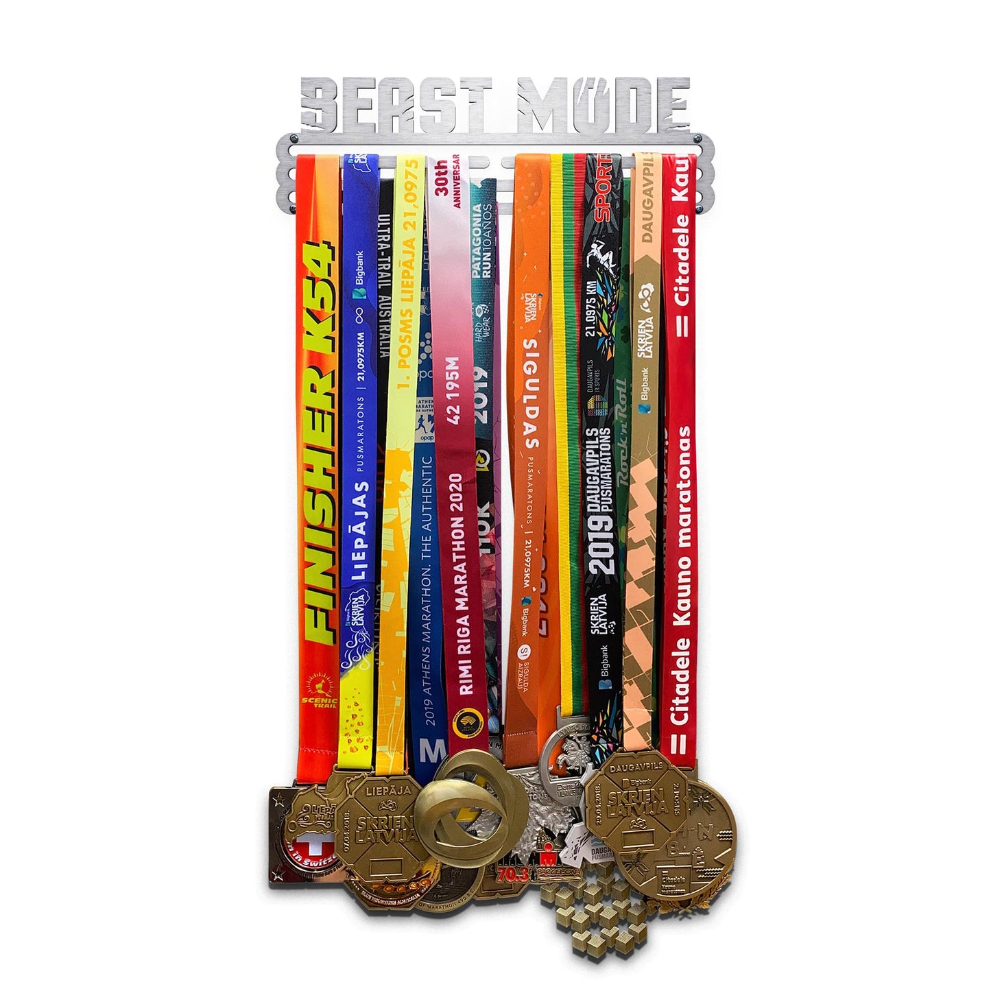 Sports Medal Hanger Display Race BEAST MODE | Brushed steel Race Medal Holder Awards Wall Mount | Running Marathon Race Medal Display for Wall | Steel medal holder for wall holds up to 30 Medals