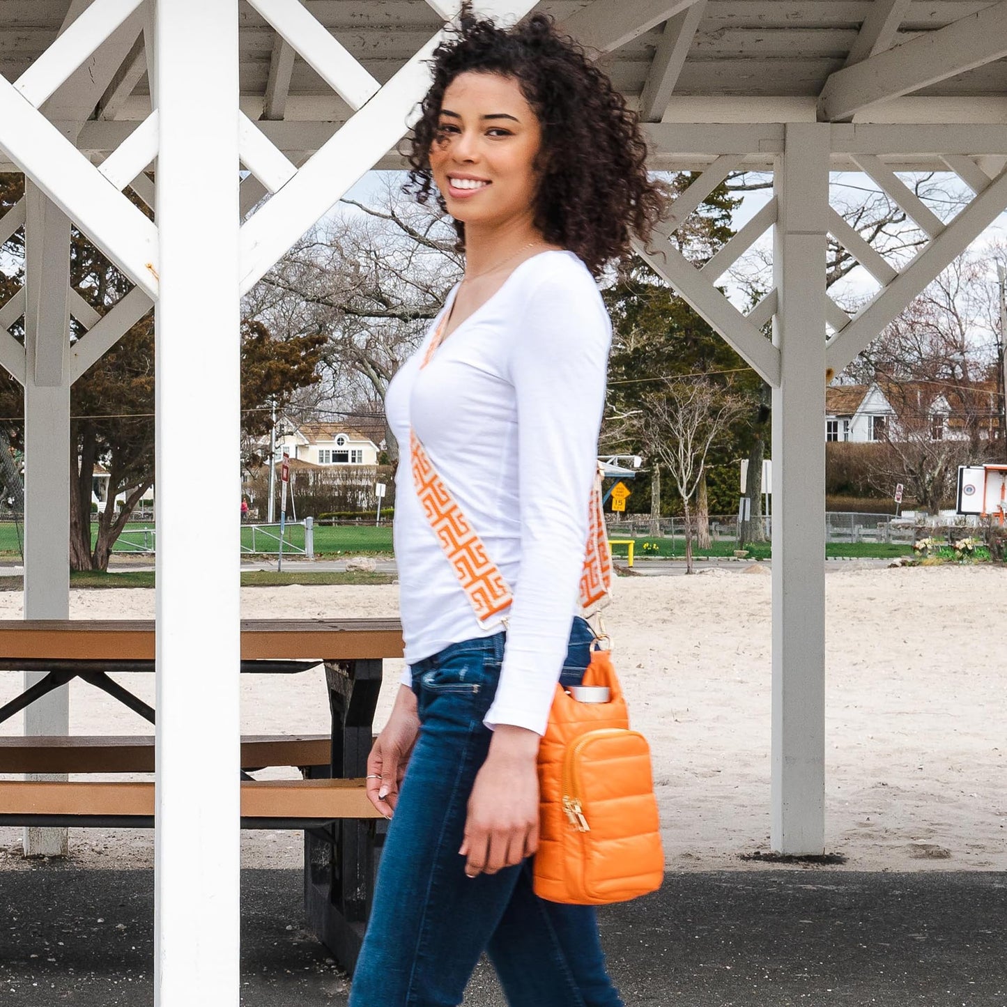 WanderFull Original Crossbody HydroBag | Quilted Water Bottle Carrier | Puffer Tote Tumbler Holder with Pockets for Purse, Phone & Accessories | Carry Travel Essentials (Orange/Patterned Strap)
