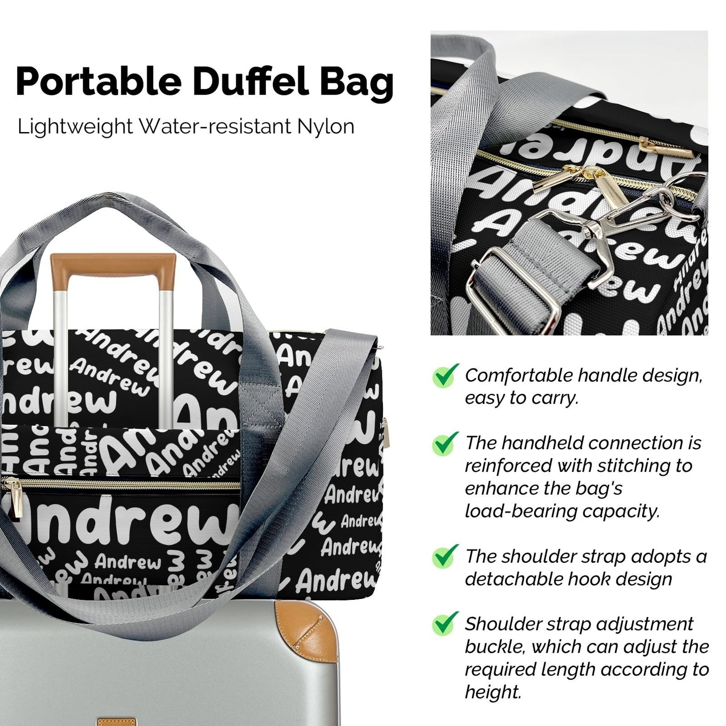 Customized Travel Duffel Bag with Name Weekender Overnight Bags Black Personalized Sports Gym Bag Waterproof Luggage Bag for Women