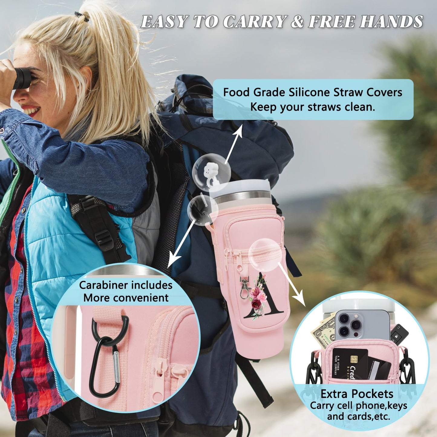 Sunegg Initial Water Bottle Carrier Bag for Stanley 40 oz Tumbler with Handle, Water Bottle Holder Pouch with Phone Pocket, Straw Cover & Carabiner, Nice Accessories for Stanley Cup(Pink R)