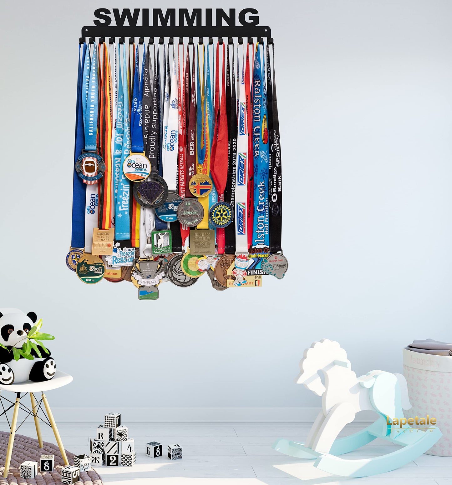 Lapetale Fashion Swimming Medal Hanger Display Medal Holder Hanger Display Rack Frame with 20PCS Hanging Hooks Upgraded Extension Hooks Easy Install Easy to Use Swimming Medal Display Rack