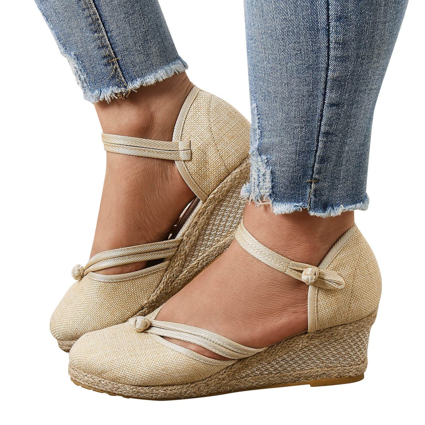Shengsospp Women's Close Toe Espadrilles Wedge Sandals, Open Toe Elastic Ankle Strap Wedge Sandal Dress Shoes with Arch Support 04_Beige, 41