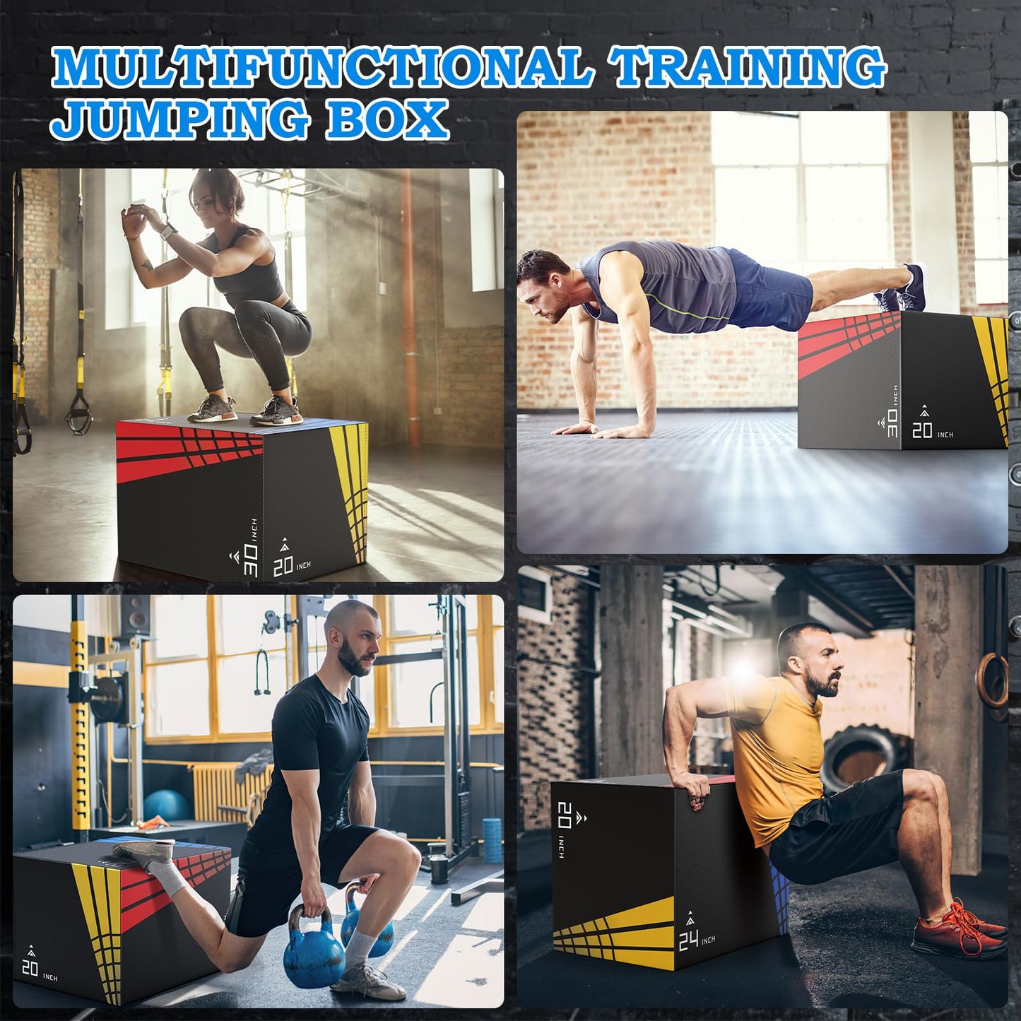 XDDIAS 3-in-1 Foam Plyometric Jump Box,Stable Plyo Box Covered with 3MM Anti-Slip Particles,30โx24โx20โStable Box Jumps for Home Gym Fitness Workout Training,440lb Weight Capacity