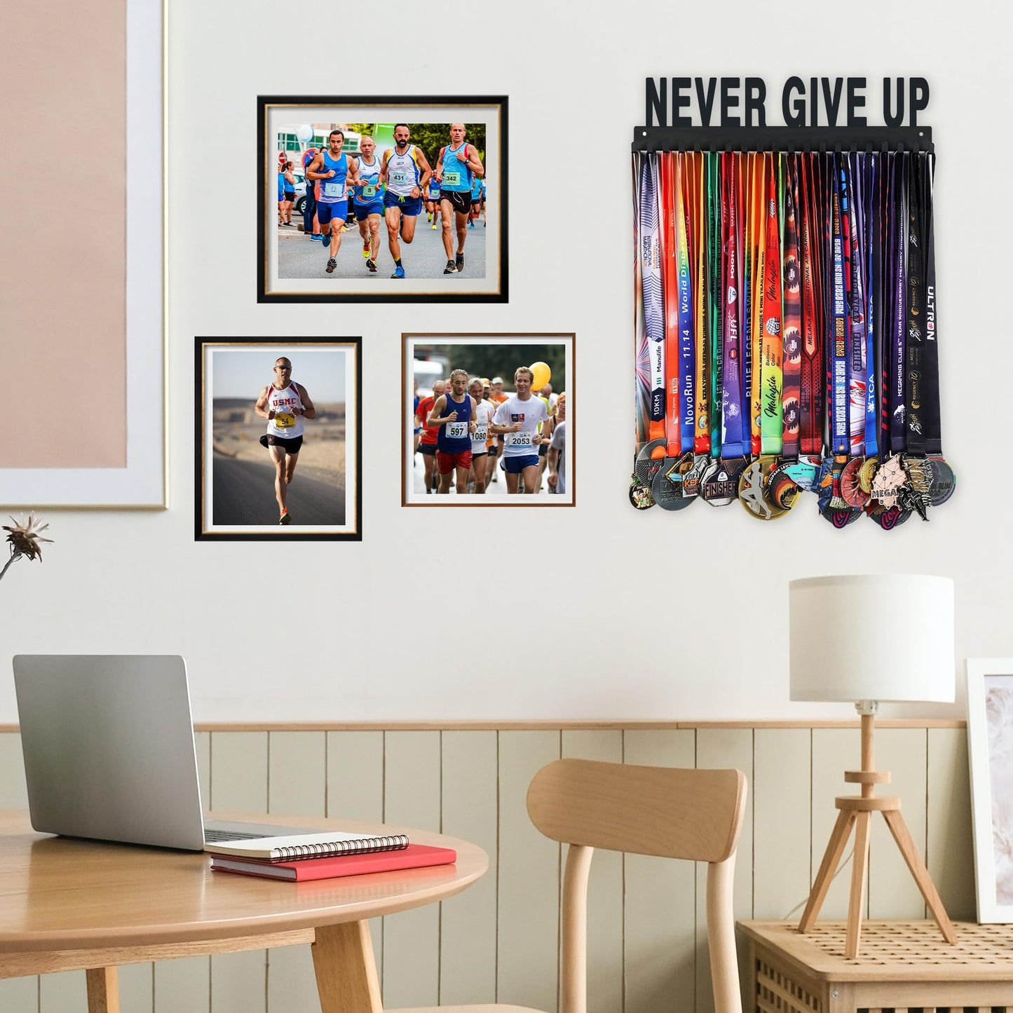 Goutoports Medal Holder Display Hanger Rack Frame for Sport Race Runner-Never Give Up - Sturdy Black Steel Metal Over 60 Medals Easy to Install-HOL30