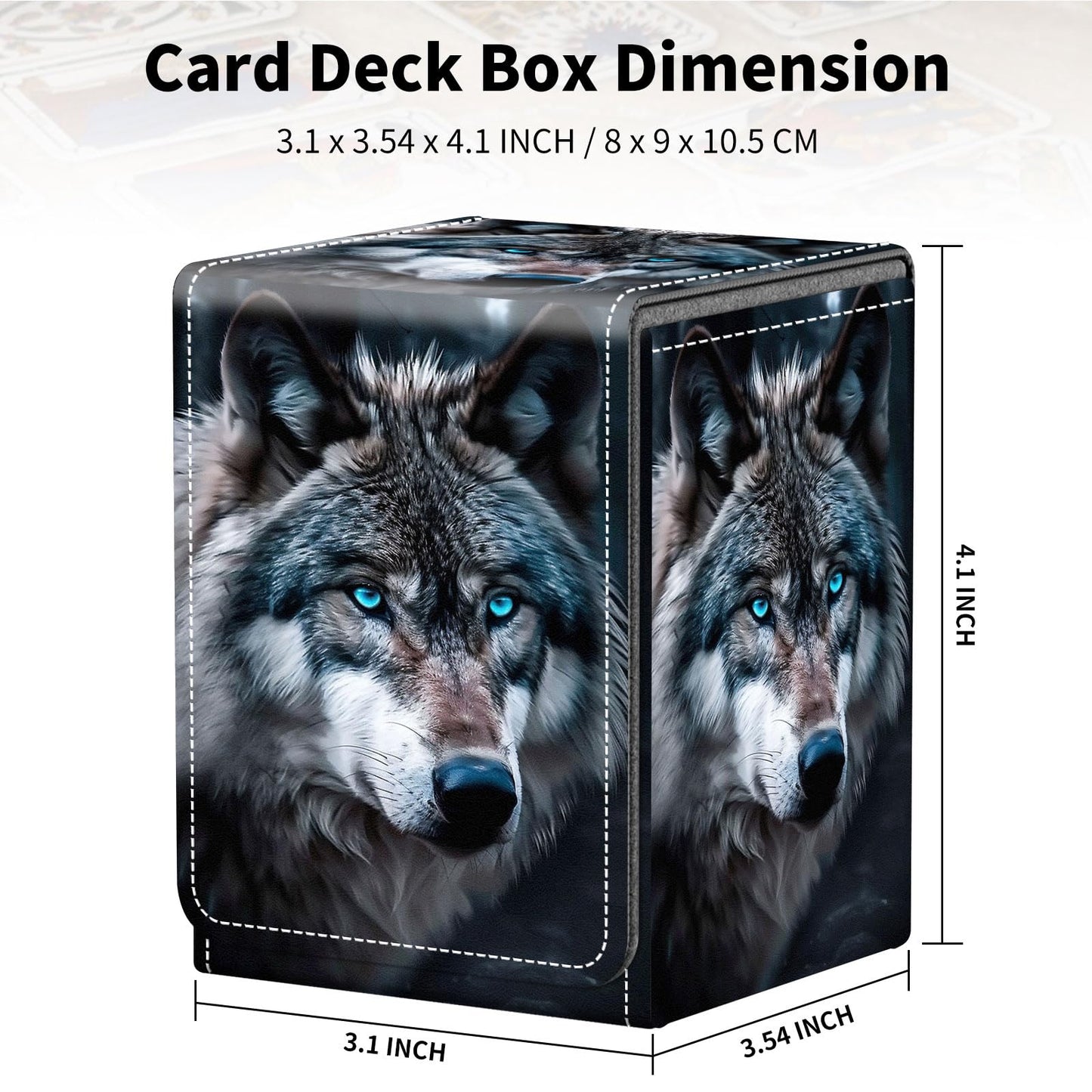 Qindaiwen Card Deck Box for Trading Cards, MTG Deck Box Fits 100+ Single Sleeved Cards, PU Leather Strong Magnet Card Deck Case Holder for Magic Commander TCG CCG, Wolf's Gaze