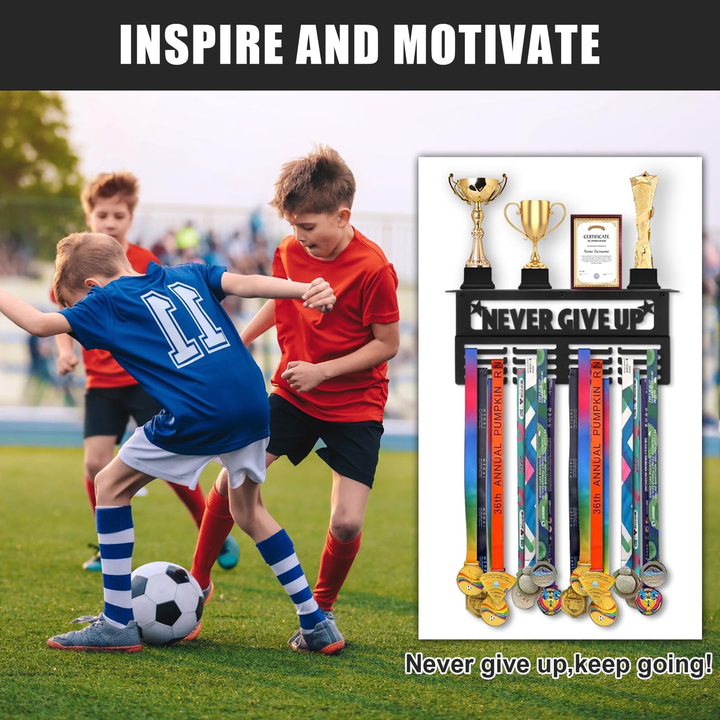 Takytao Medal Hanger Display with Trophy Shelf, Upgraded Sports Medal Holder Trophy Display Shelf Ribbon Holder Simple Wall Hanger with Motivational Words for Athletes and Youth