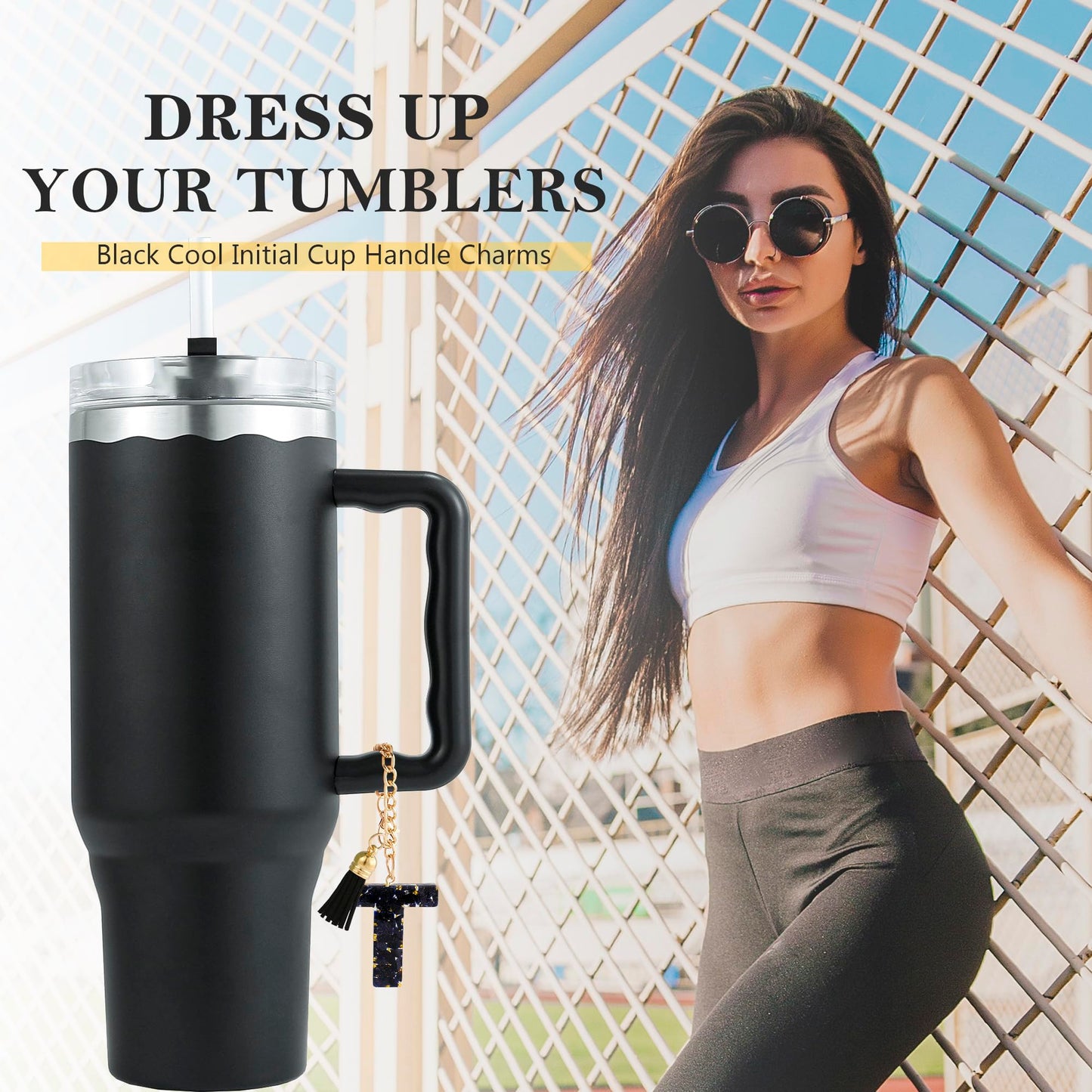 Letter Charm Accessories for Stanley Cup 1 PCS Cute Initial Keychain Handle Charm for Stanley Tumbler for Women Black Letter T