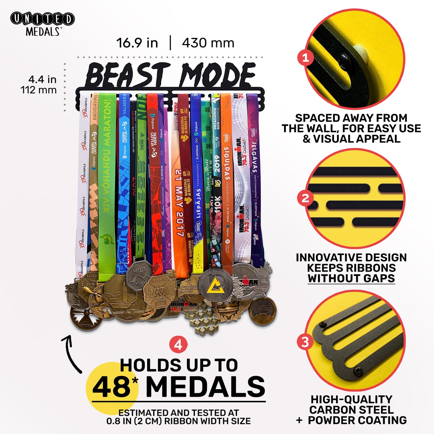 Sports Medal Hanger Display Race BEAST MODE V2 | Black Race Medal Holder Awards Wall Mount | Running Marathon Race Medal Display for Wall | Steel medal holder for wall holds up to 48 Medals
