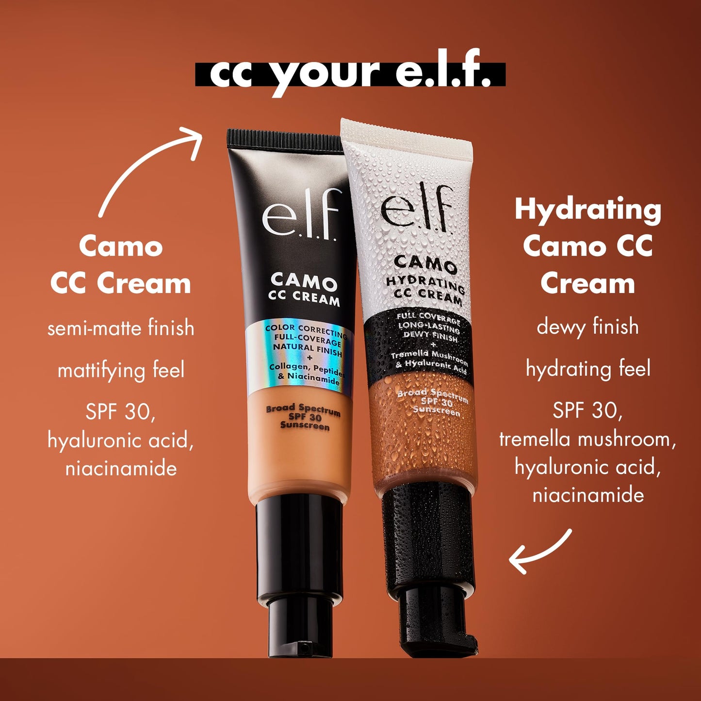 e.l.f. Hydrating Camo CC Cream, SPF 30, Color Correcting Full Coverage Foundation For A Dewy Finish, Vegan & Cruelty-Free, Deep 510 C