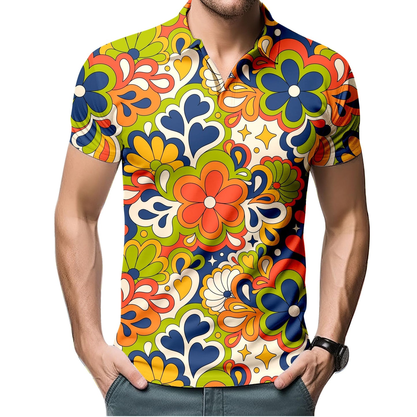 VUGOTU Hippie 70s Men Golf Shirts for Men,Hippie Shirts Psychedelic Shirt Short Sleeve,Mens 70s Shirt 70s Outfits