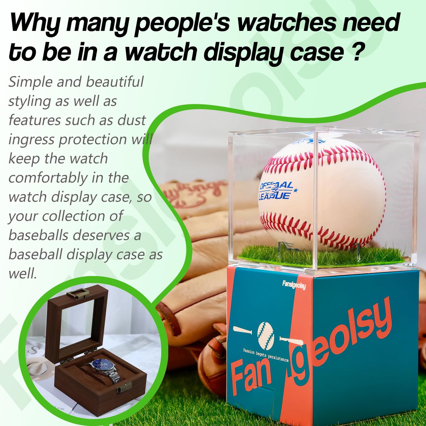 Fanslgeolsy Baseball Display Case, UV Protected Acrylic Clear Baseball Holder, Turf Baseball Stand, Prevent Baseballs from Moving, Fit for Official Size Baseball