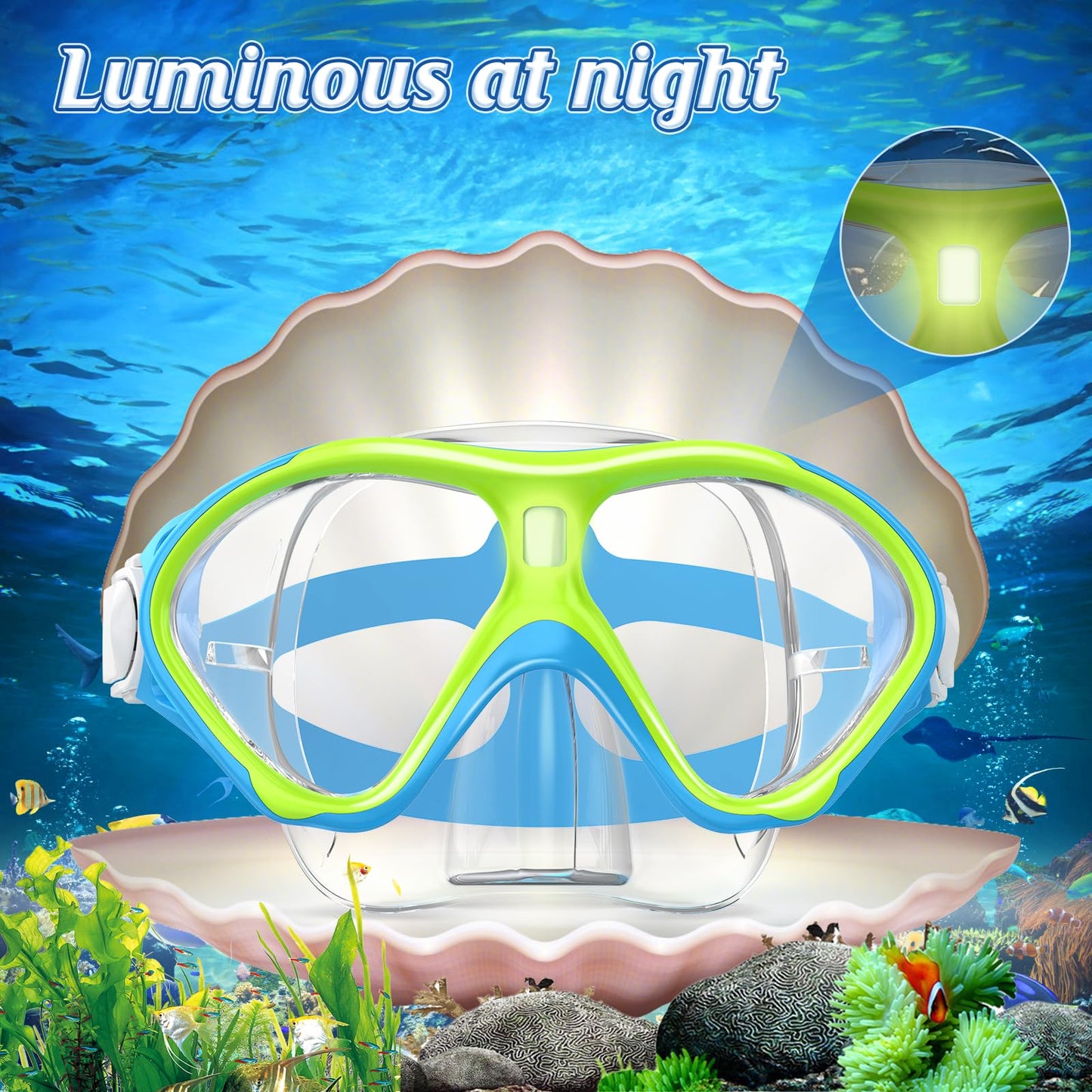 ACQCES Kids Swimming Goggles Snorkel Diving Mask for Boys Girls Ages 5-15, Luminous Anti-Fog Swim Goggles with Nose Cover