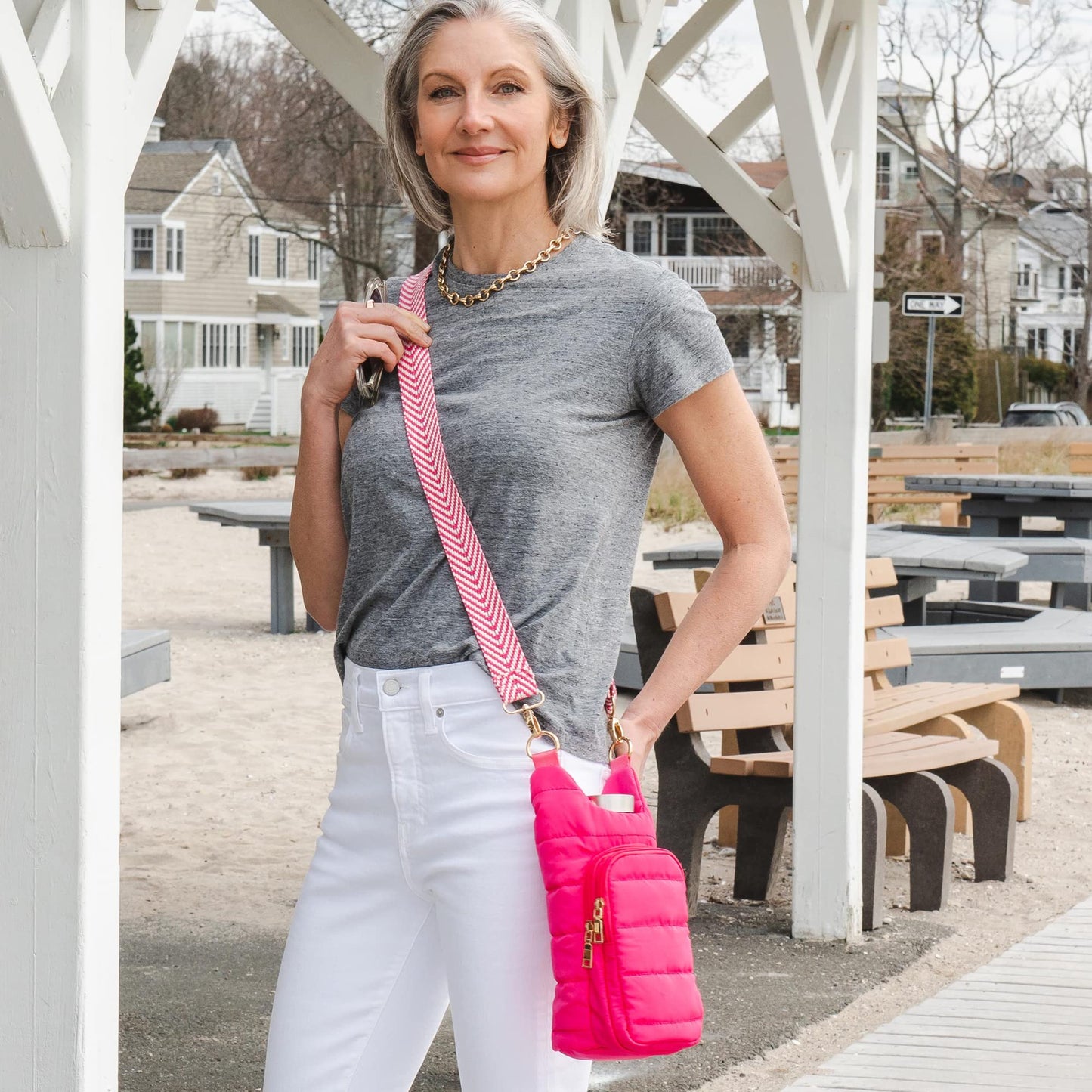 WanderFull Original Crossbody HydroBag | Quilted Water Bottle Carrier | Puffer Tote Tumbler Holder with Pockets for Purse, Phone & Accessories | Carry Travel Essentials (Pink/Patterned Strap)