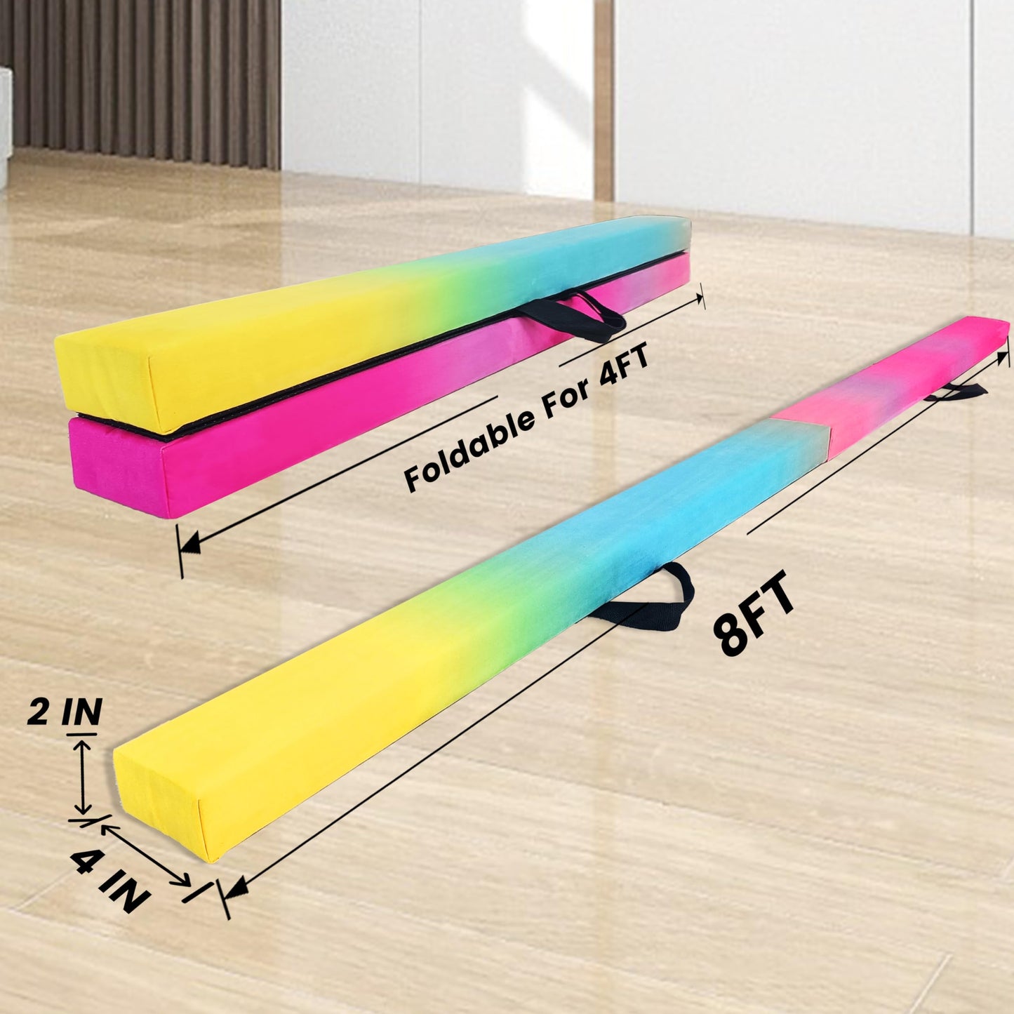 FC FUNCHEER 8FT Folding Balance Beam -Gymnastics Floor Beam -Gymnastics Equipment for Kids,Wood core- Anti-Slip Bottom and Carrying Bag for Home (Suede, Gradient Rainbow)