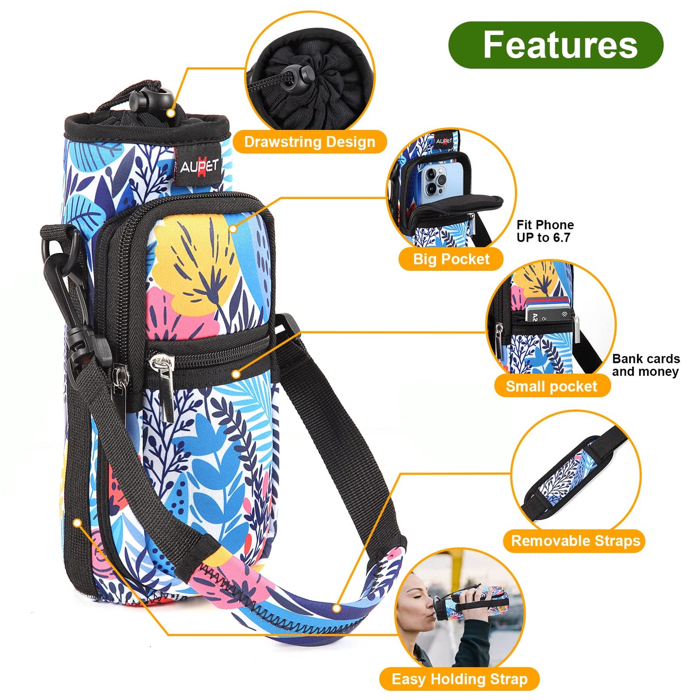 AUPET Water Bottle Sling Bag Sleeve Holder Carrier 25/32/40/64 oz,Insulated Crossbody Water Bottle Case Cover with Strap and Pockets for Men/Women Walking Hiking Camping (25oz, blue orange flower)