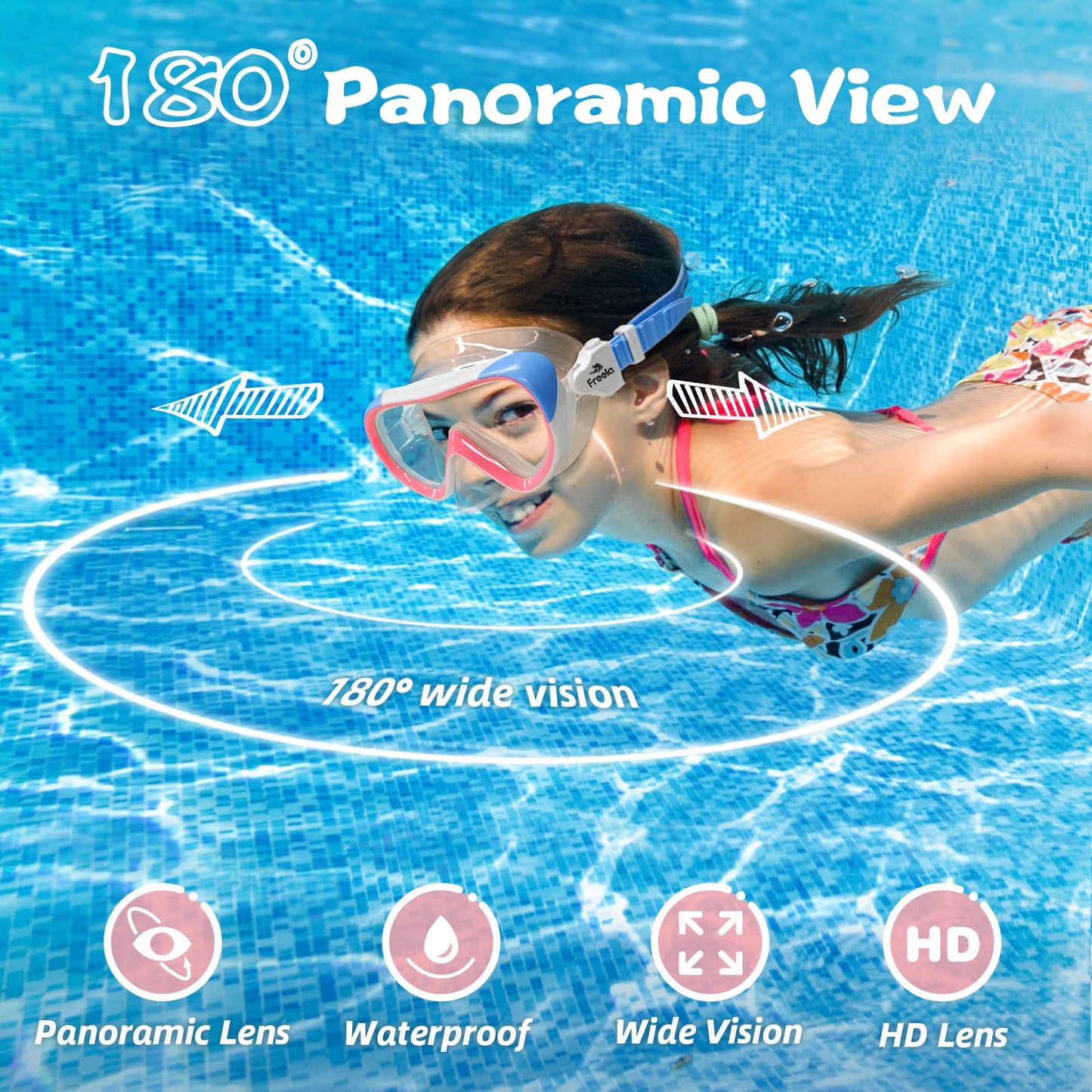 Freela Kids Swim Goggles for Kids Girls Boys 6-14 3-6 8-12 4-7 with Nose Cover, Water Pool Beach Swimming Goggles Mask for Childrens Toddler Age 4 5 Tempered Glass Anti Fog Waterproof 180° Clear View