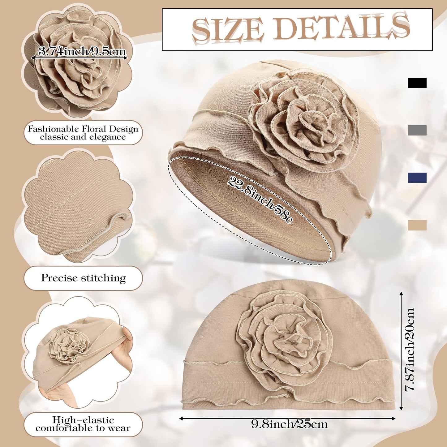 JenPen 4 Pcs Cotton Beanie Turban Headwear for Women Soft Cancer Chemo Head Scarf Hats Elastic Covers Wraps for Women's Hair (Elegant Colors,Flower)