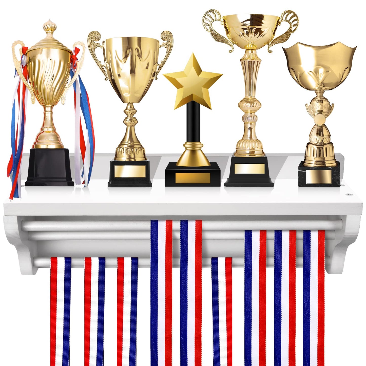Pllieay Wooden Medal Hanger Display, Trophy Shelf, White Medal Hanger Display with Shelf, Medal Holder, Medal Rack, Race Medal Trophy Display Shelf for Showing Your Hard-Earned Achievements