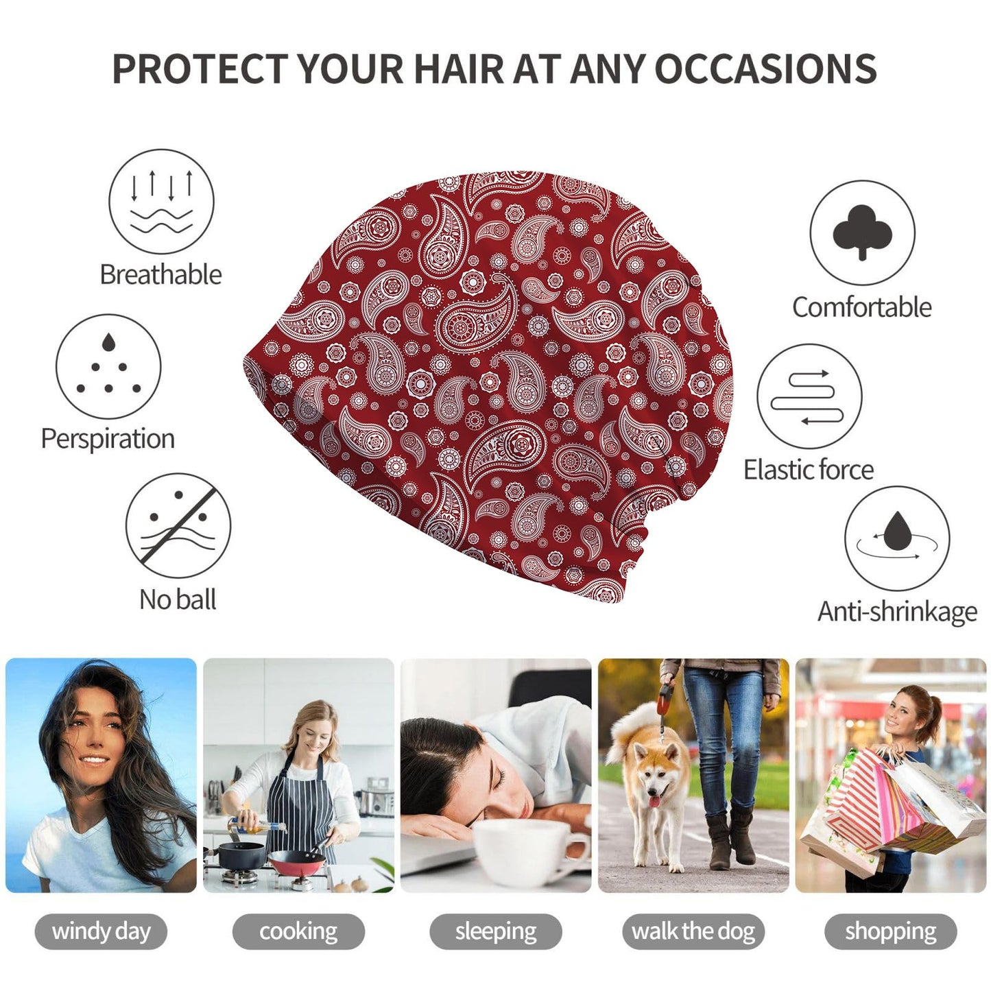 JoUbi Red Paisley Women's Slouchy Beanie Hat Cute Turban Hats Cancer Headwear Caps Baggy Skull Sleep Scarf