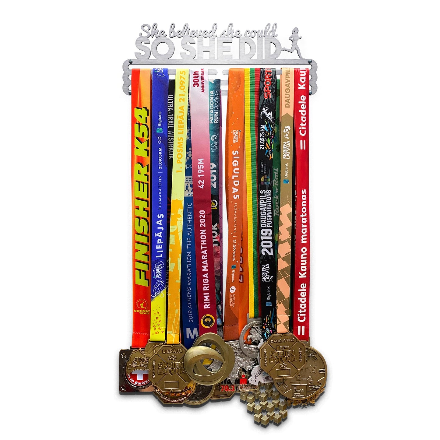 Sports Medal Hanger Display Race She Believed She Could So She Did | Brushed steel Race Medal Holder Awards Wall Mount | Running Marathon Race Medal Display for Wall | Steel medal holder for wall
