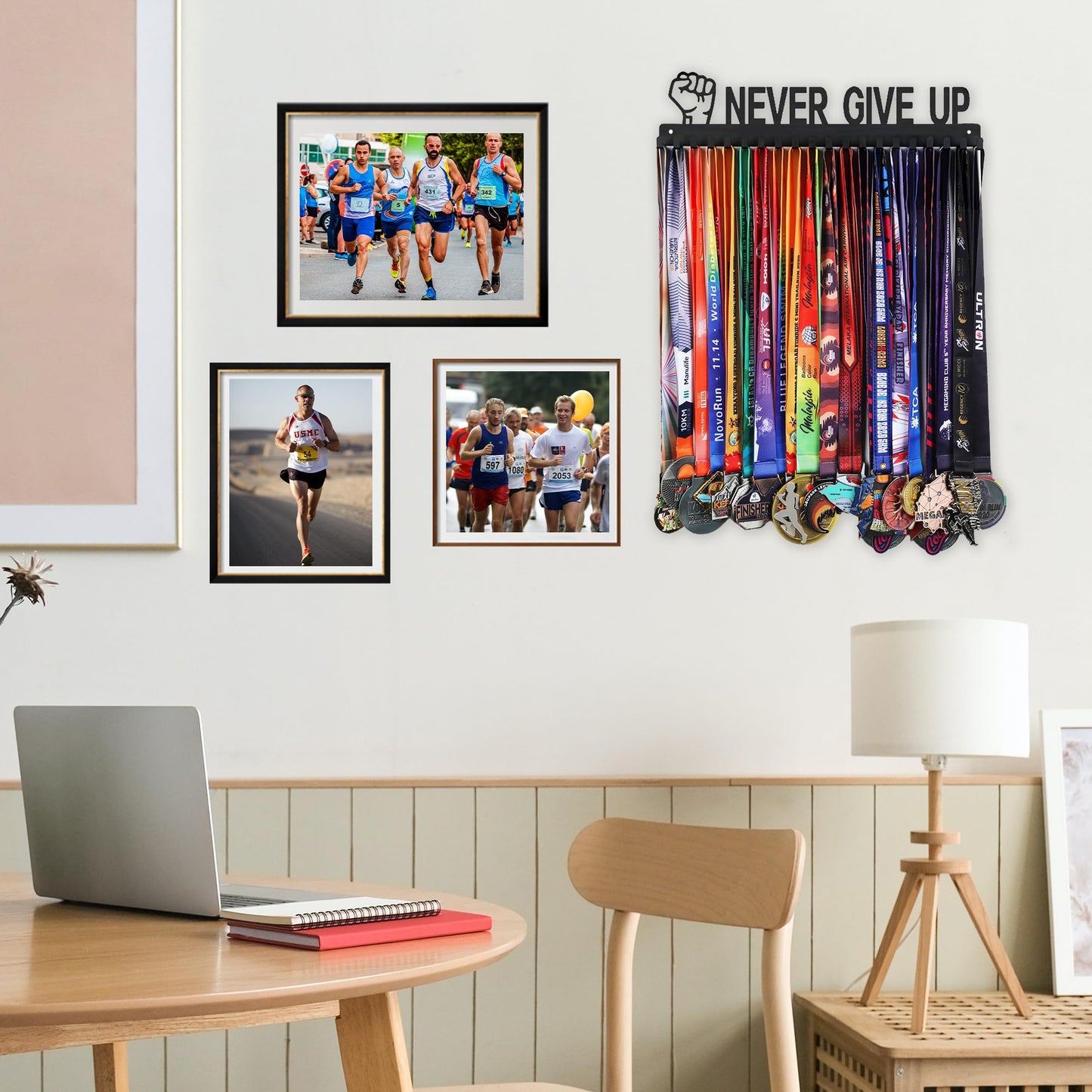 Goutoports Medal Hanger Display Rack - Never Give Up Sports Award Ribbon Hanger with 20 Hooks Hold Up 60 Medals - Durable Metal Holder for Running Showcase and Protect Your Medals in Style