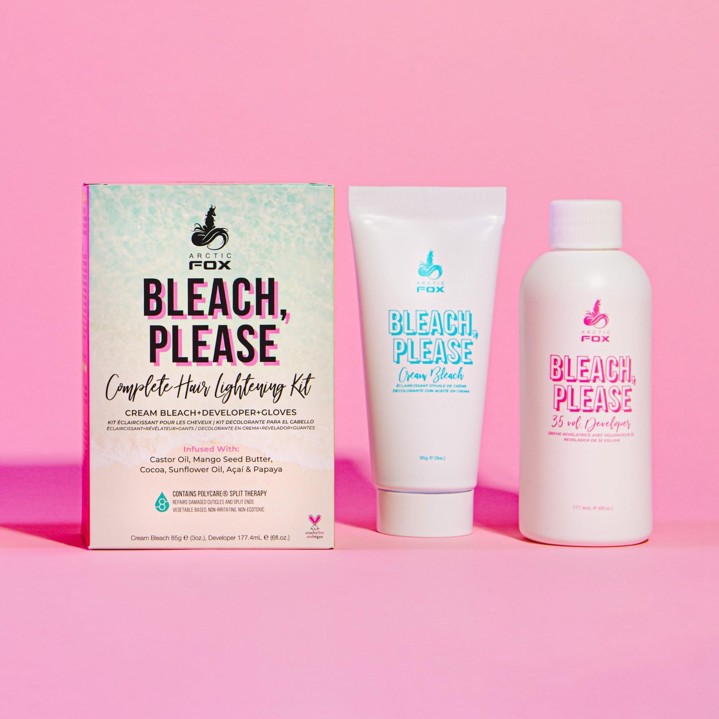 ARCTIC FOX Bleach Please Hair Lightening Kit Cream Bleach, 35 Volume Developer And Latex Free Gloves Infused With Acai, Cocoa, Sunflower Oil & Papaya! Vegan And Cruelty Free