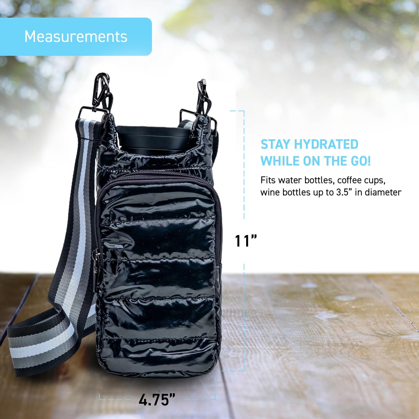 WanderFull Original Crossbody HydroBag | Quilted Water Bottle Carrier | Puffer Tote Tumbler Holder with Pockets for Phone & Accessories | Carry Travel Essentials (Black Glossy/Grey Striped Strap)