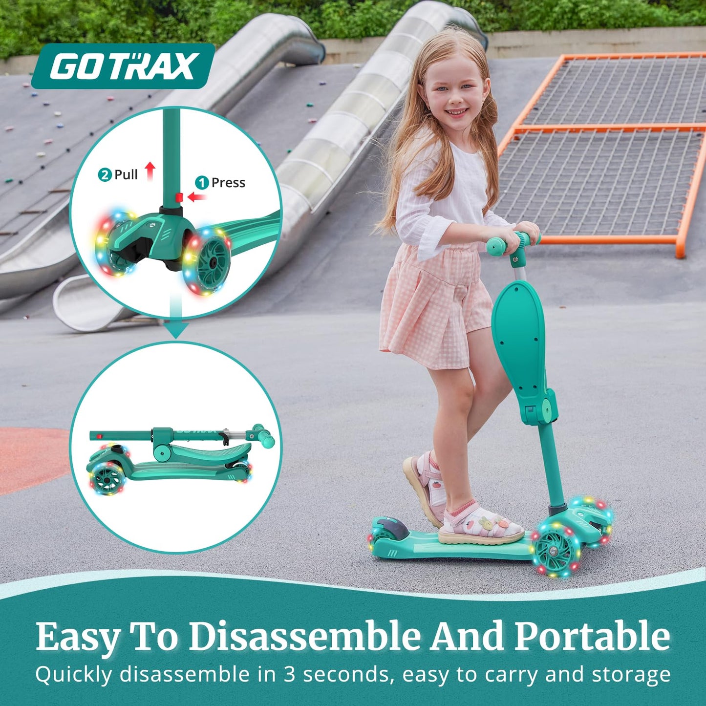 Gotrax KS3 Kids Kick Scooter, LED Lighted Wheels, Adjustable Height Handlebars and Removable Seat, Lean-to-Steer & Widen Anti-Slip Deck, 3 Wheel Scooter for Kids Ages 2-8 and up to 100 Lbs (Green)