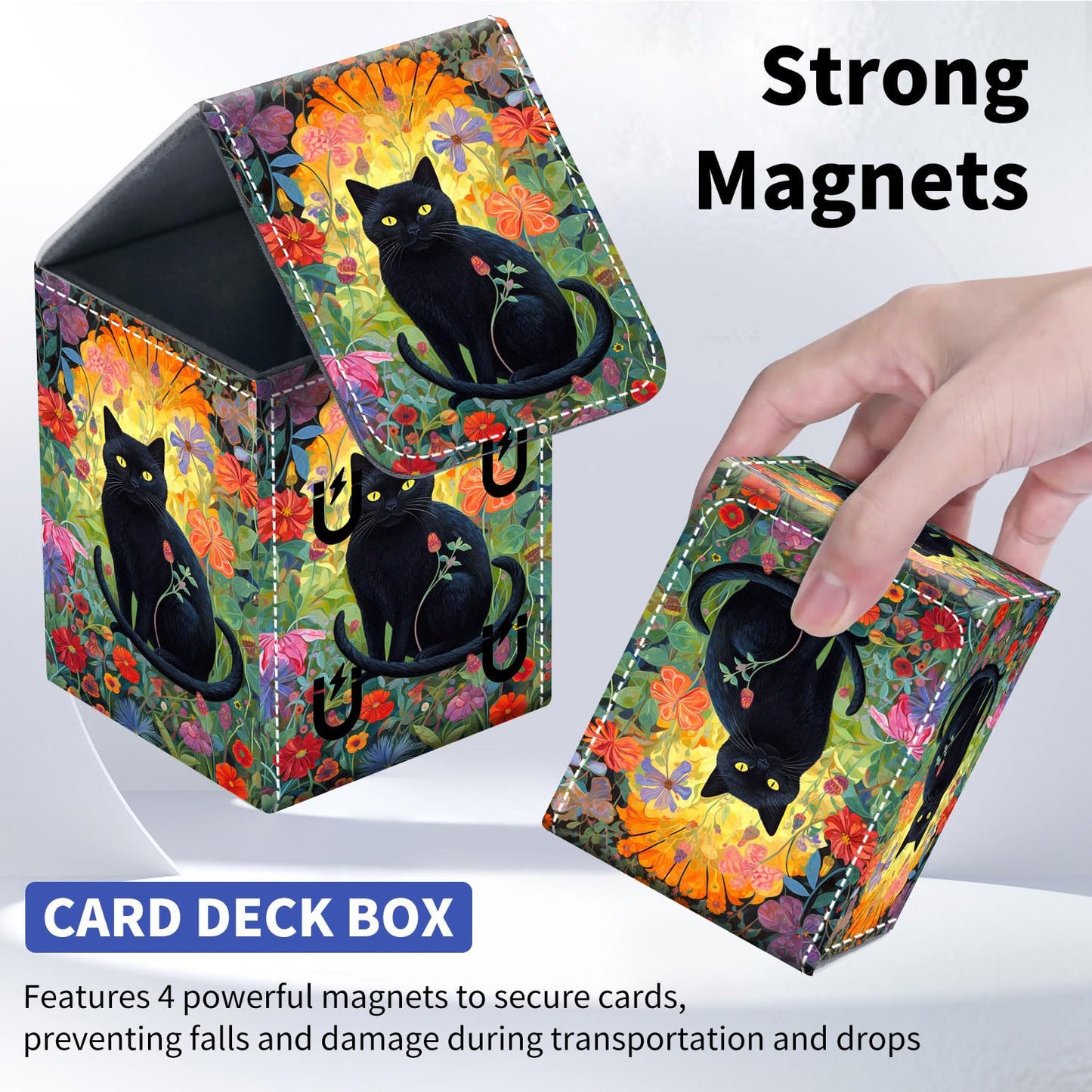 Qindaiwen Card Deck Box for Trading Cards, MTG Deck Box Fits 100+ Single Sleeved Cards, PU Leather Strong Magnet Card Deck Case Holder for Magic Commander TCG CCG, Cat Floral
