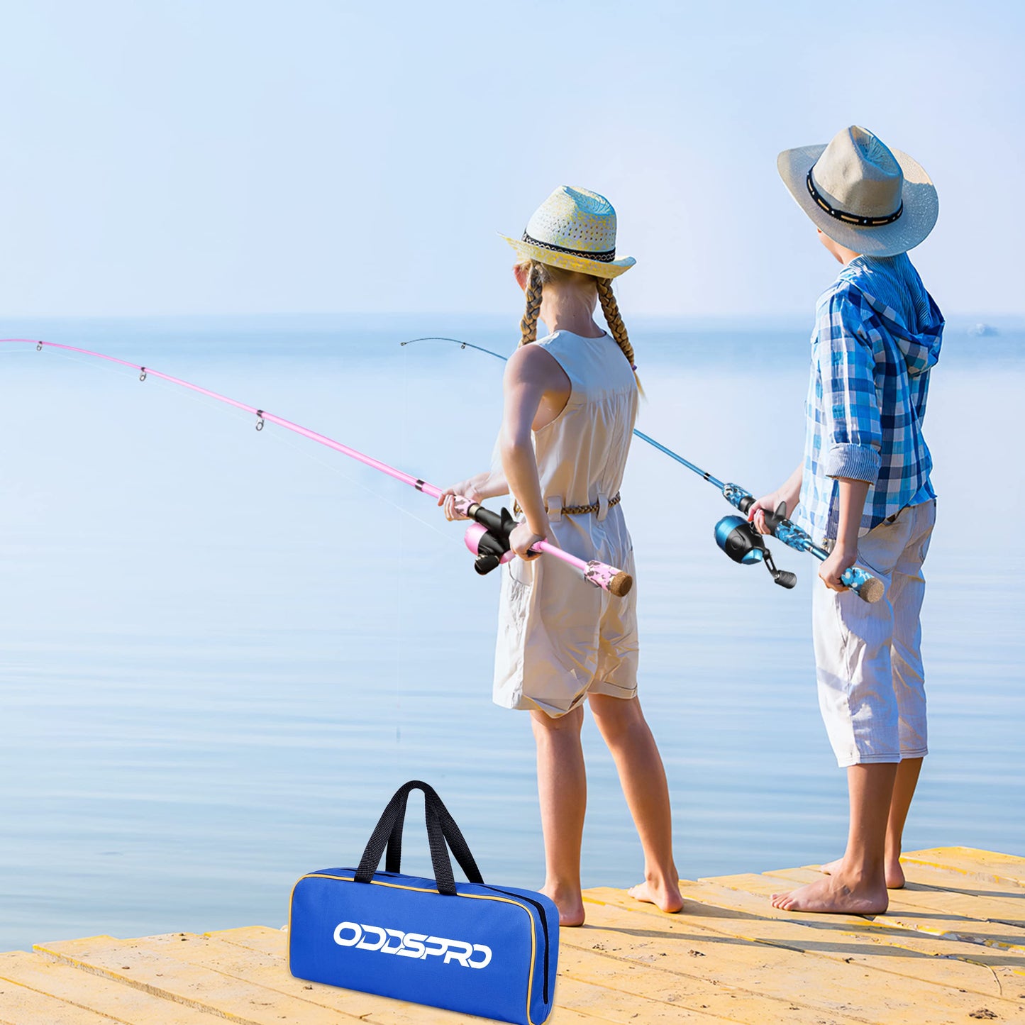 ODDSPRO Kids Fishing Pole - Kids Fishing Starter Kit - with Tackle Box, Reel, Practice Plug, Beginner's Guide and Travel Bag for Boys, Girls (2 pack (Blue+Light Pink), 1.5M 4.92Ft)