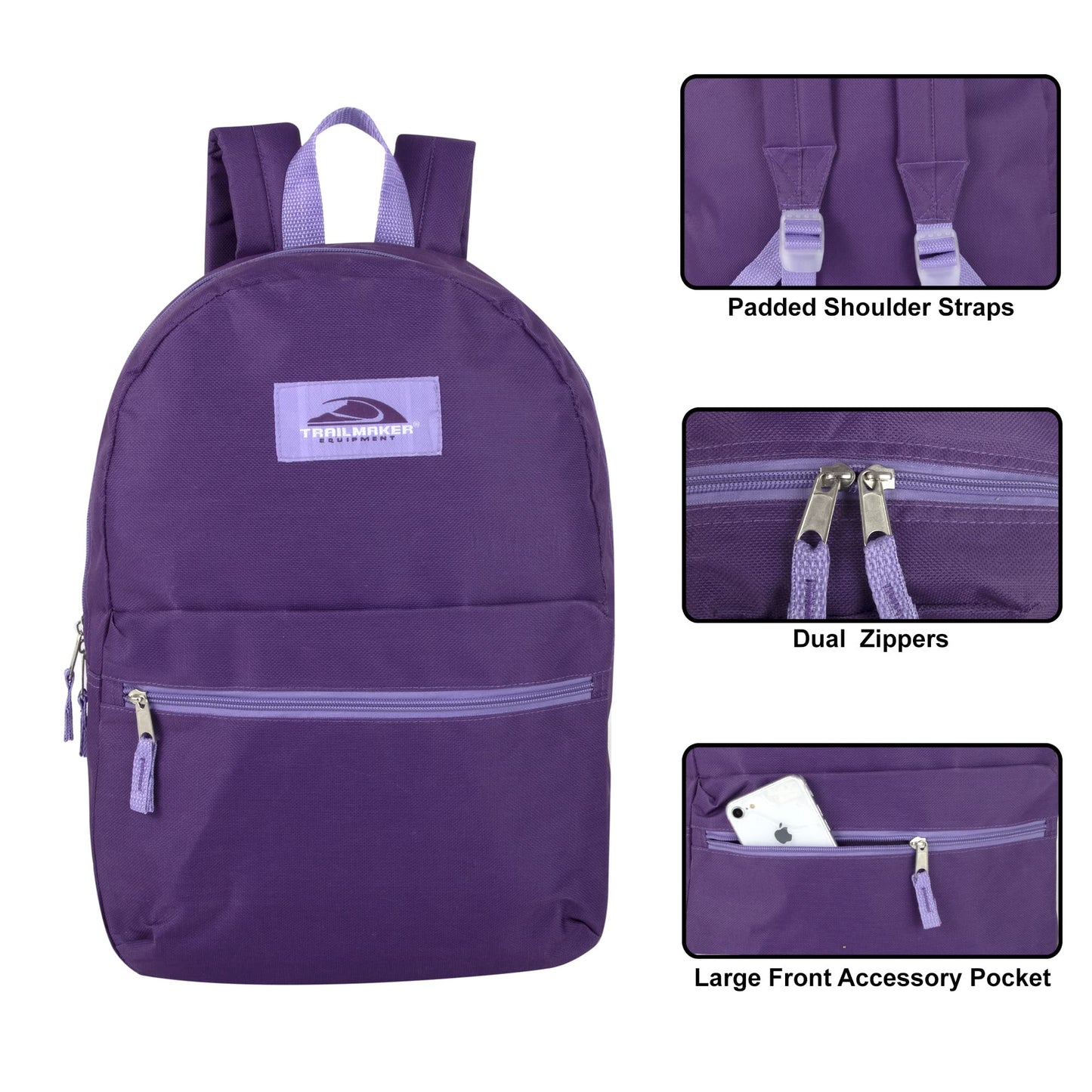 Trail maker Classic 17 Inch Backpack with Adjustable Padded Shoulder Straps (Purple)