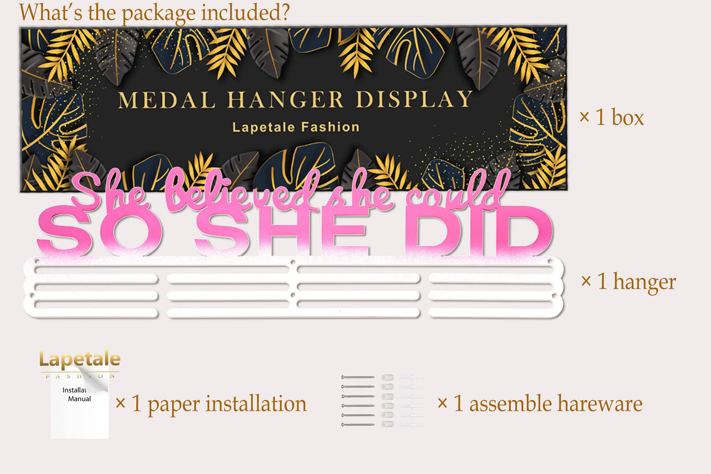 Lapetale Fashion She Believed She Could SO SHE DID Medal Hanger Display,Medal Holder Upgraded New for Sports,Cheer,Gymnastics,Soccer,Softball,Marathon,Wrest,Football...