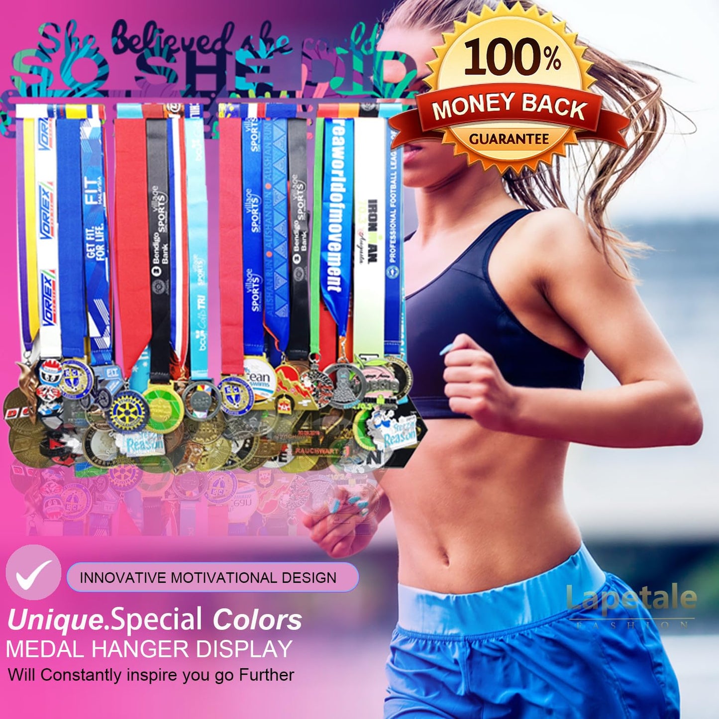 Lapetale Fashion Medal Hanger Holder Display Wall Rack Frame Shelf in 16" long-Medal Hanger Awards Ribbon Cheer,gymnastics,soccer,softball Holder Display Custom Rack for Sports Medals Easy to Install