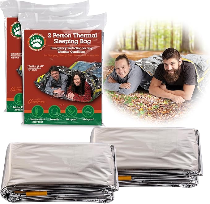 Emergency Thermal Mylar 2 Person Sleeping Bags -Ultra Compact for Camping, Survival, Disaster Bivouac Shelter- Pocket Sized, 7.25ft x 5.25ft - Retains 90% of Body Heat and Repels Wind & Water