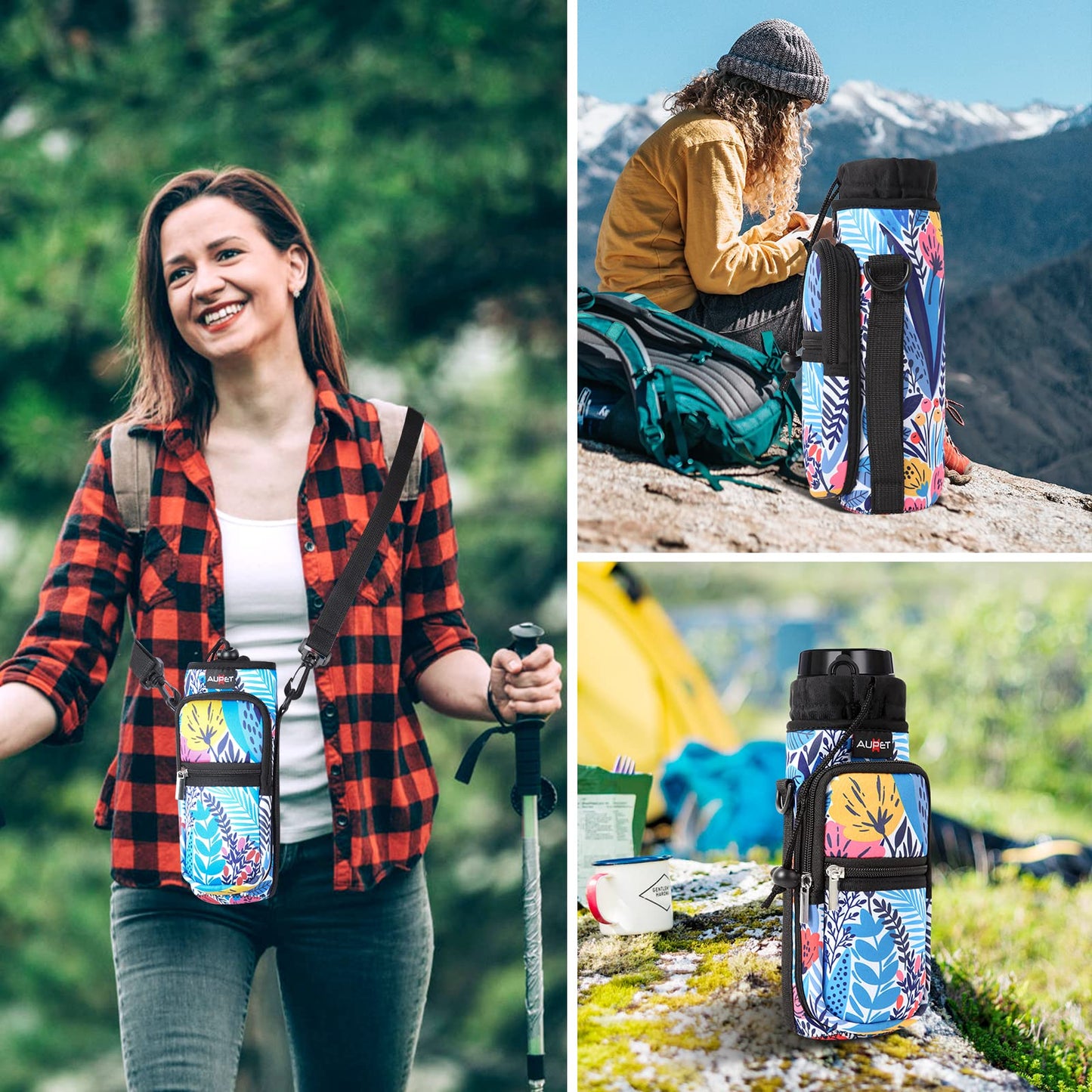 AUPET Water Bottle Sling Bag Sleeve Holder Carrier 25/32/40/64 oz,Insulated Crossbody Water Bottle Case Cover with Strap and Pockets for Men/Women Walking Hiking Camping (25oz, blue orange flower)