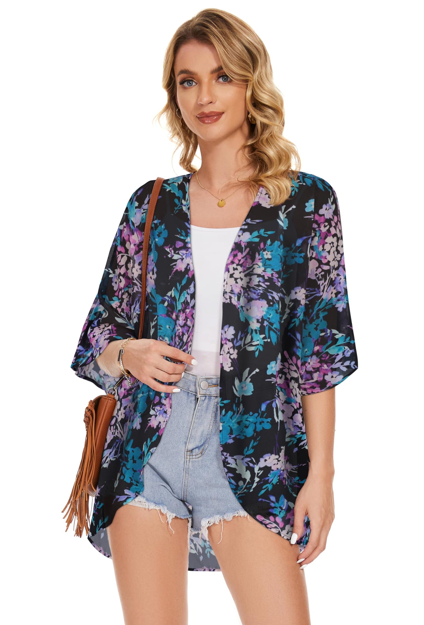 Womens Floral Kimono Cardigans Beach Coverups Loose Puff Sleeve Casual Tops (Purple Flowers Print,S)