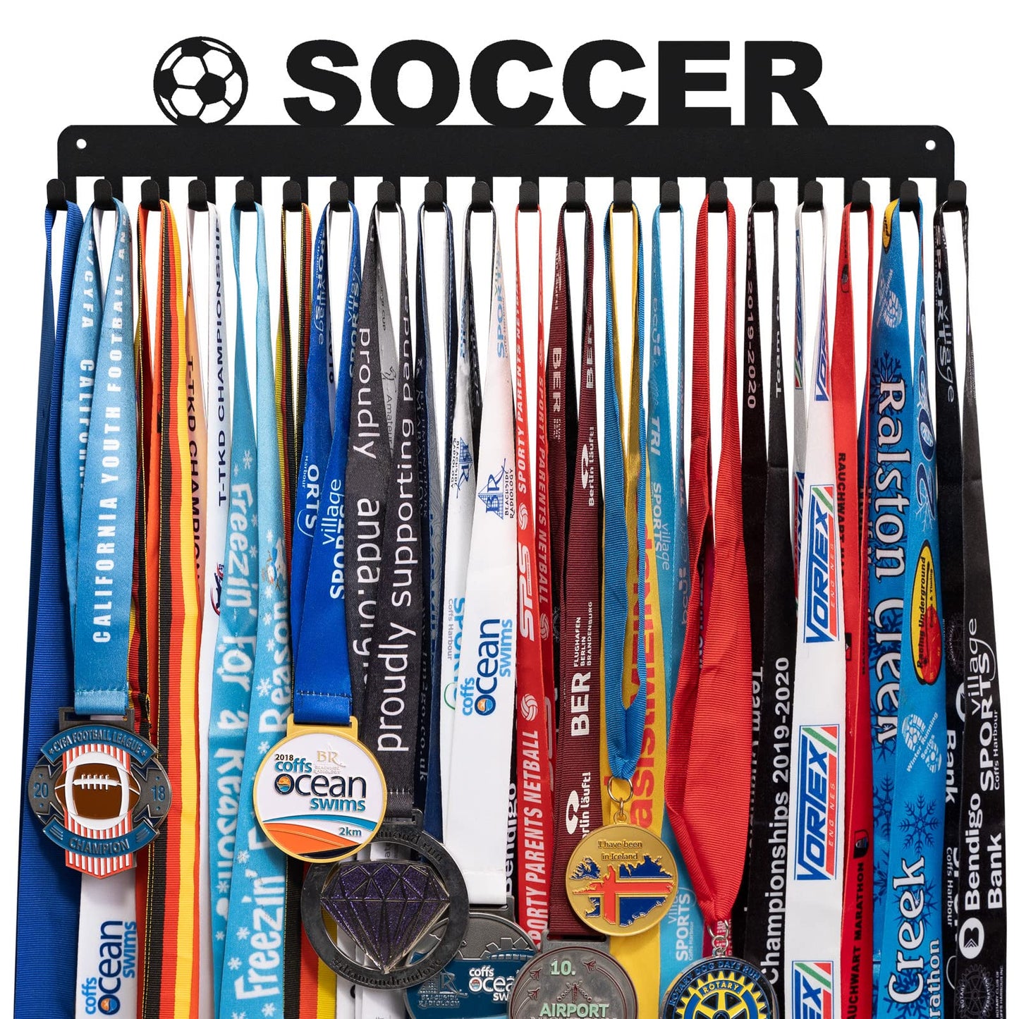 Lapetale Fashion Soccer Medal Hanger Display Medal Holder Hanger Display Rack,Easy Install Easy to Use,Soccer Medal Display Rack, Soccer Medal Hanger with 20PCS Hanging Hooks Upgraded Extension Hooks