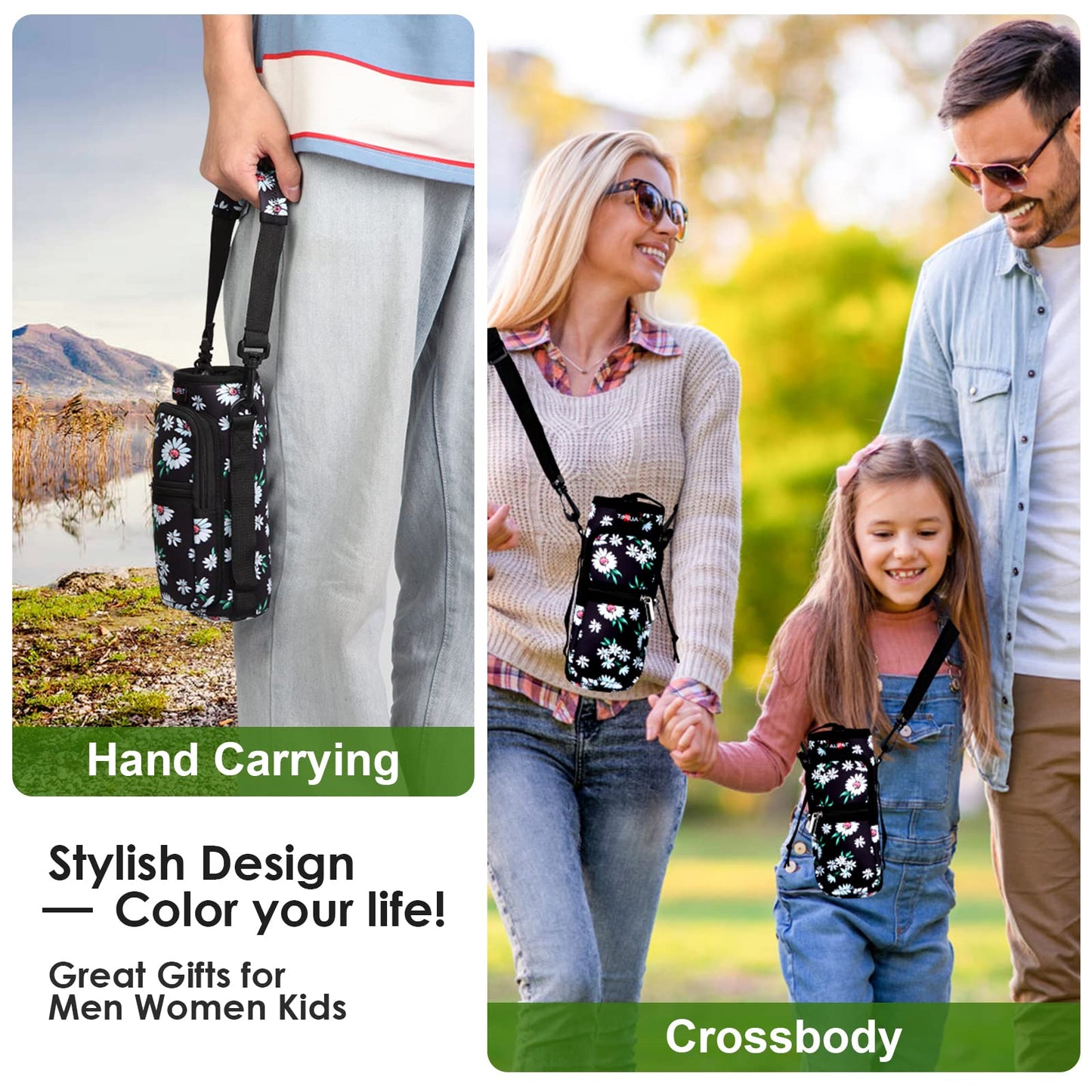 AUPET Water Bottle Sling Bag Sleeve Holder Carrier 25/32/40/64 oz,Insulated Crossbody Water Bottle Case Cover with Strap and Pockets for Men/Women Walking Hiking Camping (25oz, white flowers)