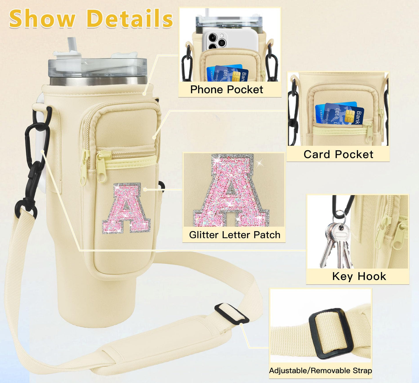 Aganmi Initial Water Bottle Carrier Bag with Phone Pocket for Stanley 40Oz Cup Accessories,Water Bottle Holder with Shoulder Strap Christmas Birthday Gifts for Family Friend Girlfriend (Cream S)