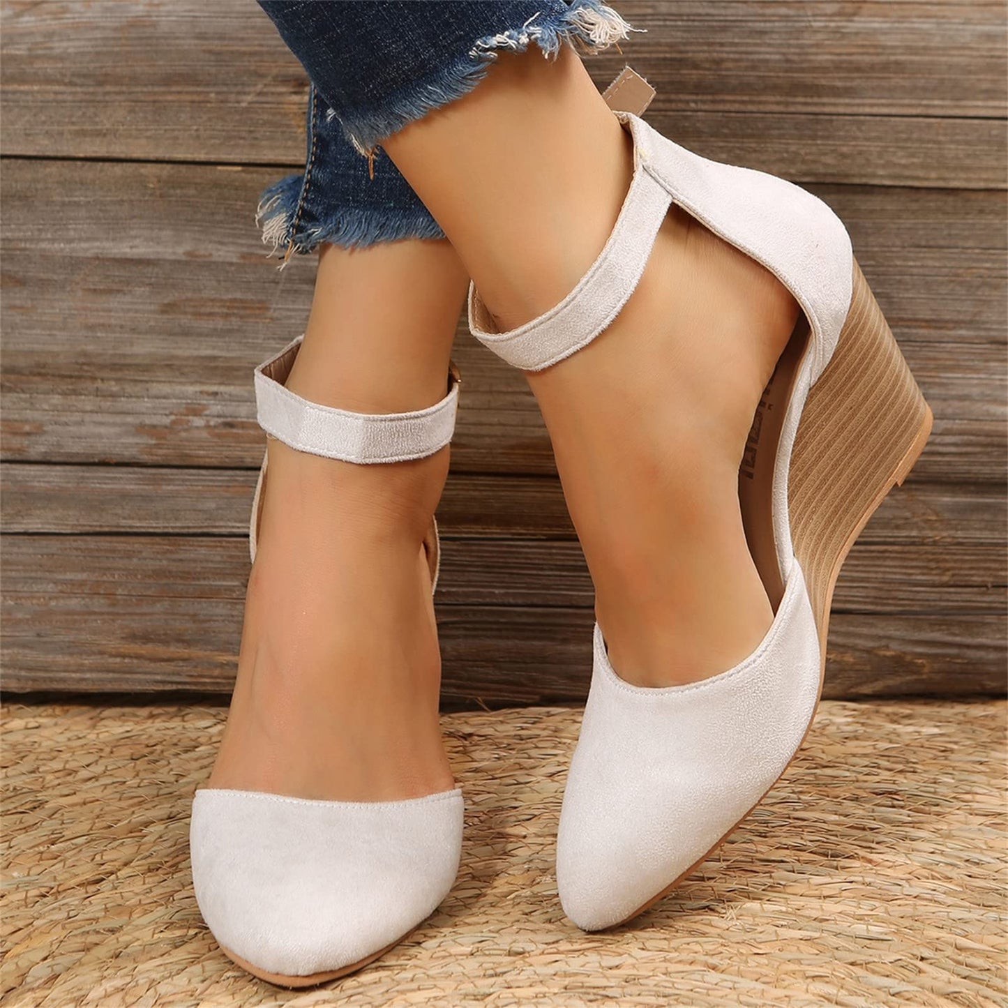 Women's Close Toe Espadrilles Wedge Sandals, Comfort Strappy Platform Slides Sandals Comfy Walking with Arch Support 02_Beige, 42
