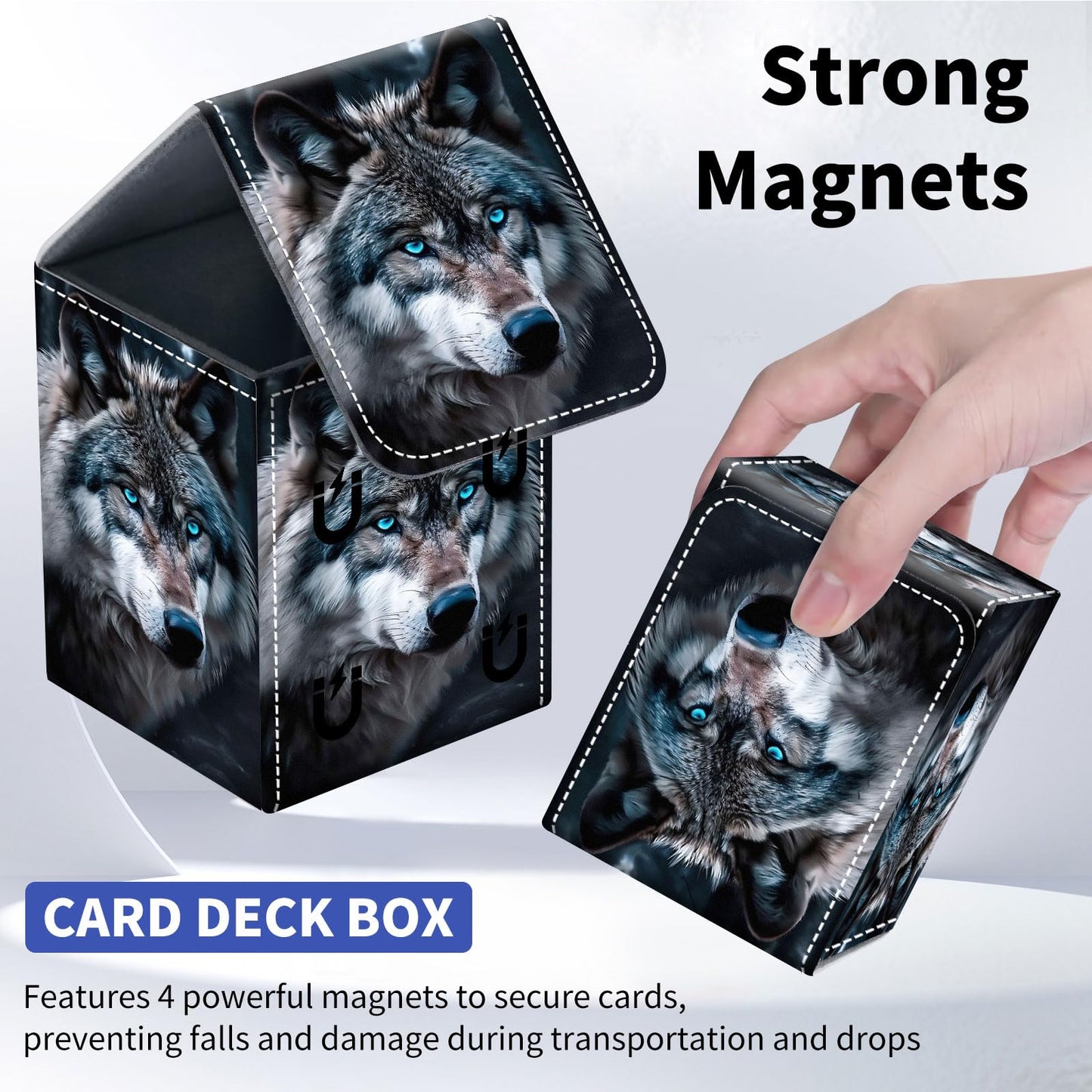 Qindaiwen Card Deck Box for Trading Cards, MTG Deck Box Fits 100+ Single Sleeved Cards, PU Leather Strong Magnet Card Deck Case Holder for Magic Commander TCG CCG, Wolf's Gaze