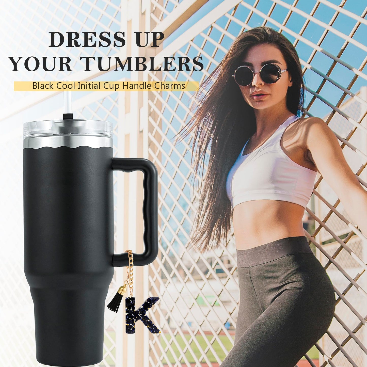 Letter Charm Accessories for Stanley Cup 1 PCS Cute Initial Keychain Handle Charm for Stanley Tumbler for Women Black Letter K
