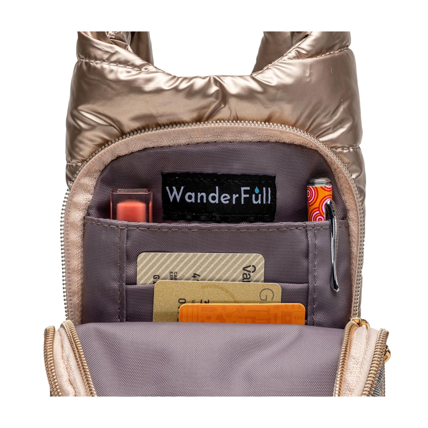 WanderFull Original Crossbody HydroBag | Quilted Water Bottle Carrier | Puffer Tote Tumbler Holder with Pockets for Purse, Phone & Accessories | Carry Travel Essentials (Gold Shiny/Solid Gold Strap)