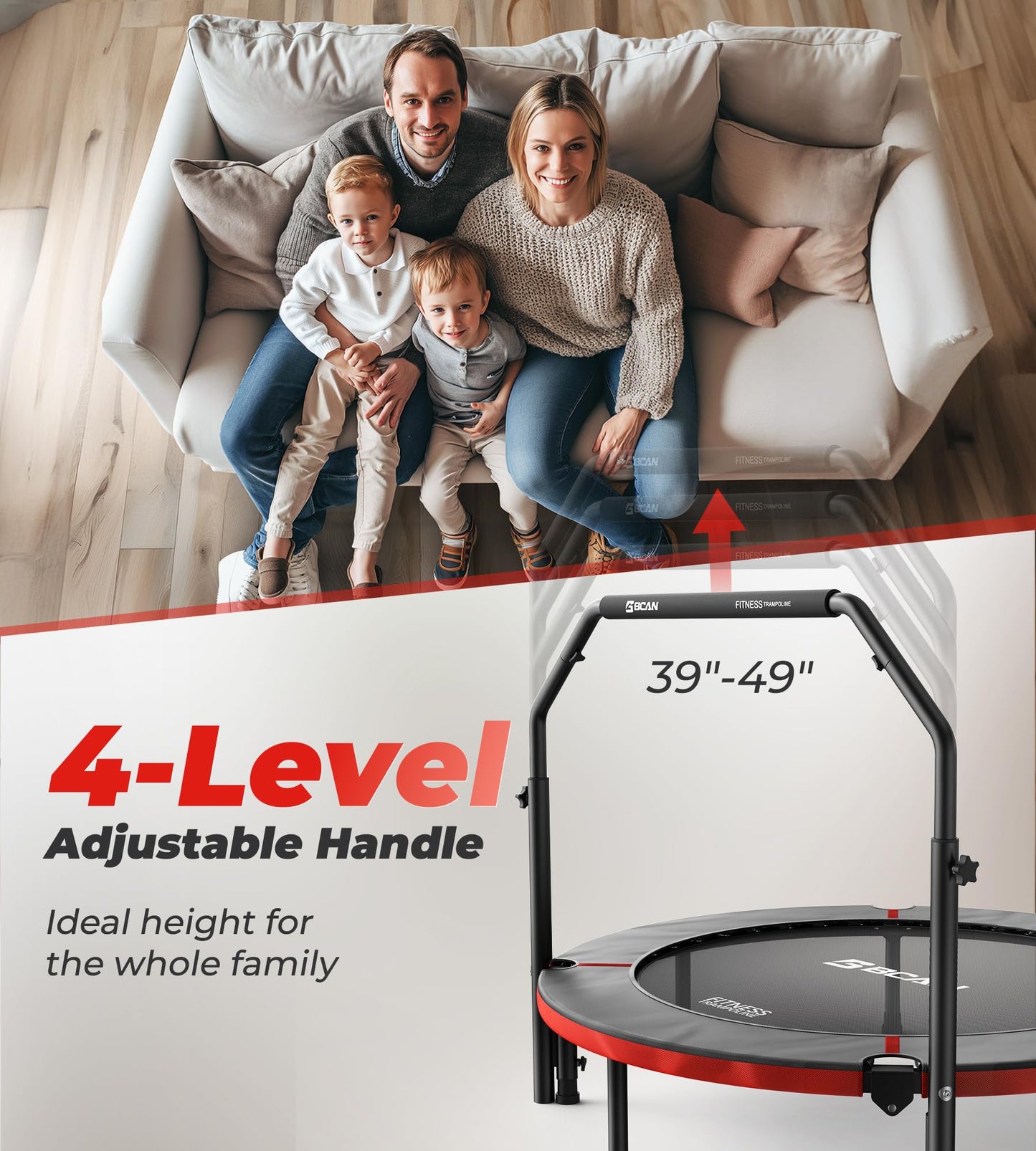 BCAN 40"/48" Foldable Mini Trampoline, Rebounder Trampoline for Adults, U/T Shape Adjustable Foam Handle, Exercise Rebounder for Kids Adults Indoor/Garden Workout, Max Load 330lbs/440lbs