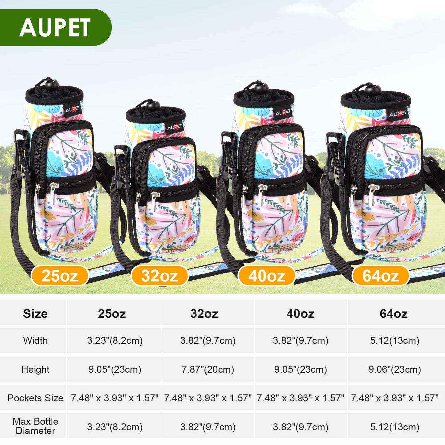 AUPET Water Bottle Sling Bag Sleeve Holder Carrier 25/32/40/64 oz,Insulated Crossbody Water Bottle Case Cover with Strap and Pockets for Men/Women Walking Hiking Camping (25oz, yellow leaves)