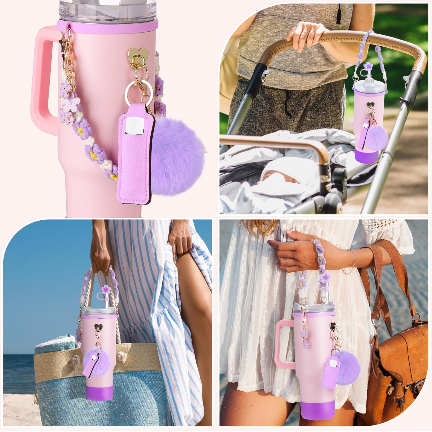 Mity rain 8PCS Cup Accessories for Stanley Cup 30oz 40oz Tumbler with Handle, Including Water Bottle Handle Strap, Chapstick Holder, Boot, Keychain Charms, Straw Topper Cover Cap for Stanley (Purple)