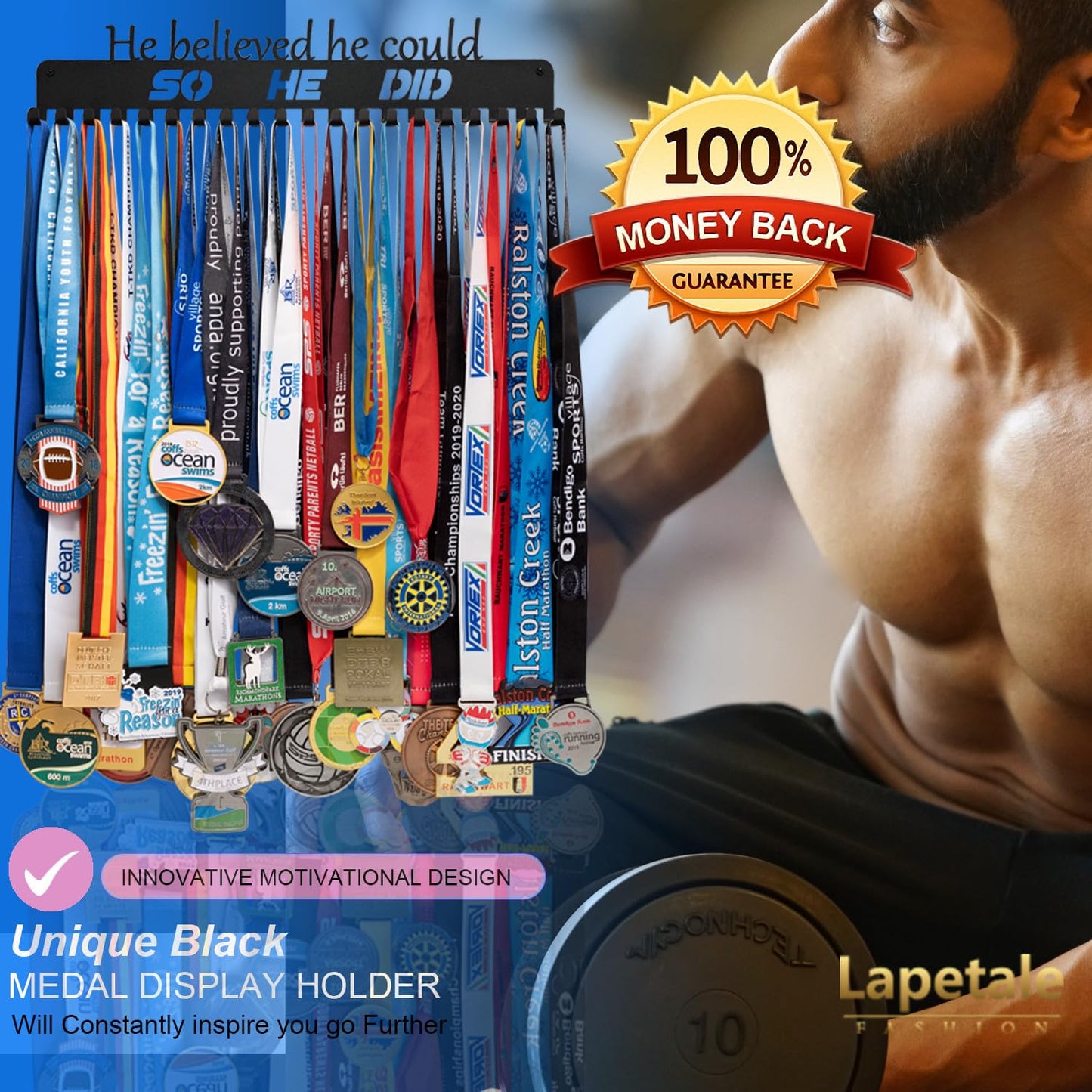 Lapetale Fashion He Believed He Could SO HE DID Medal Hanger Holder Display Rack for All Sports Metal Steel Medal Hanger Holder,Wresting Medal Holder for Boys in 16" Long,Medal Holder for Wall